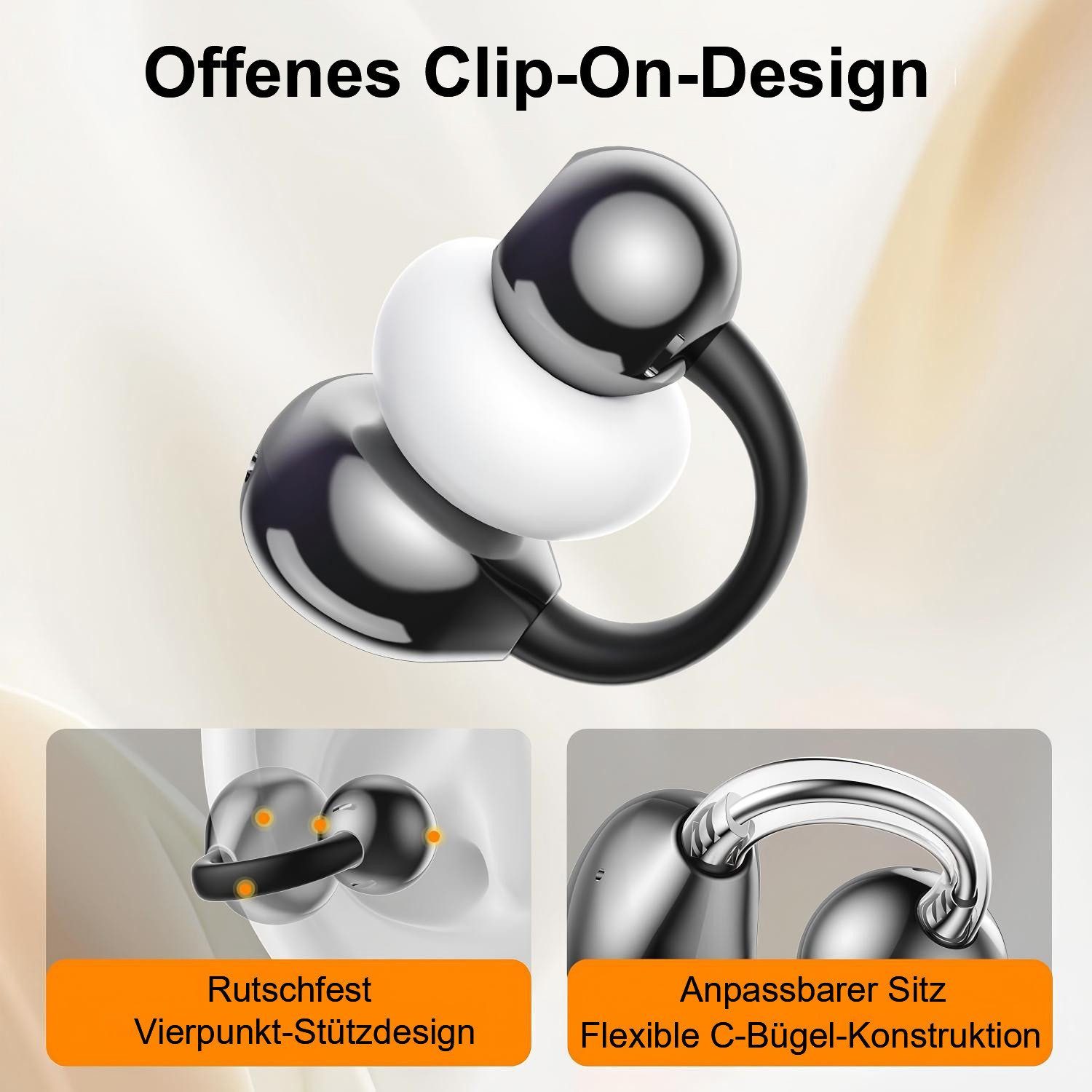 Futicare Bluetooth 5.4 Clip-On Kopfhörer mit LCD-Touchcase, Open-Ear-Kopfhörer (leichte Ohrclip-Kopfhörer, mit 14,2-mm-Treiber, ENC & 60 Std. Laufzeit)