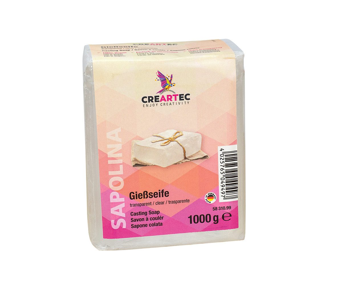 CREARTEC Rohseife transparente Gießseife - 1kg - für kreativen Bastelspaß - Mischbar, für Duft, Farben, Öle und mehr - für den Körper - Made in Germany