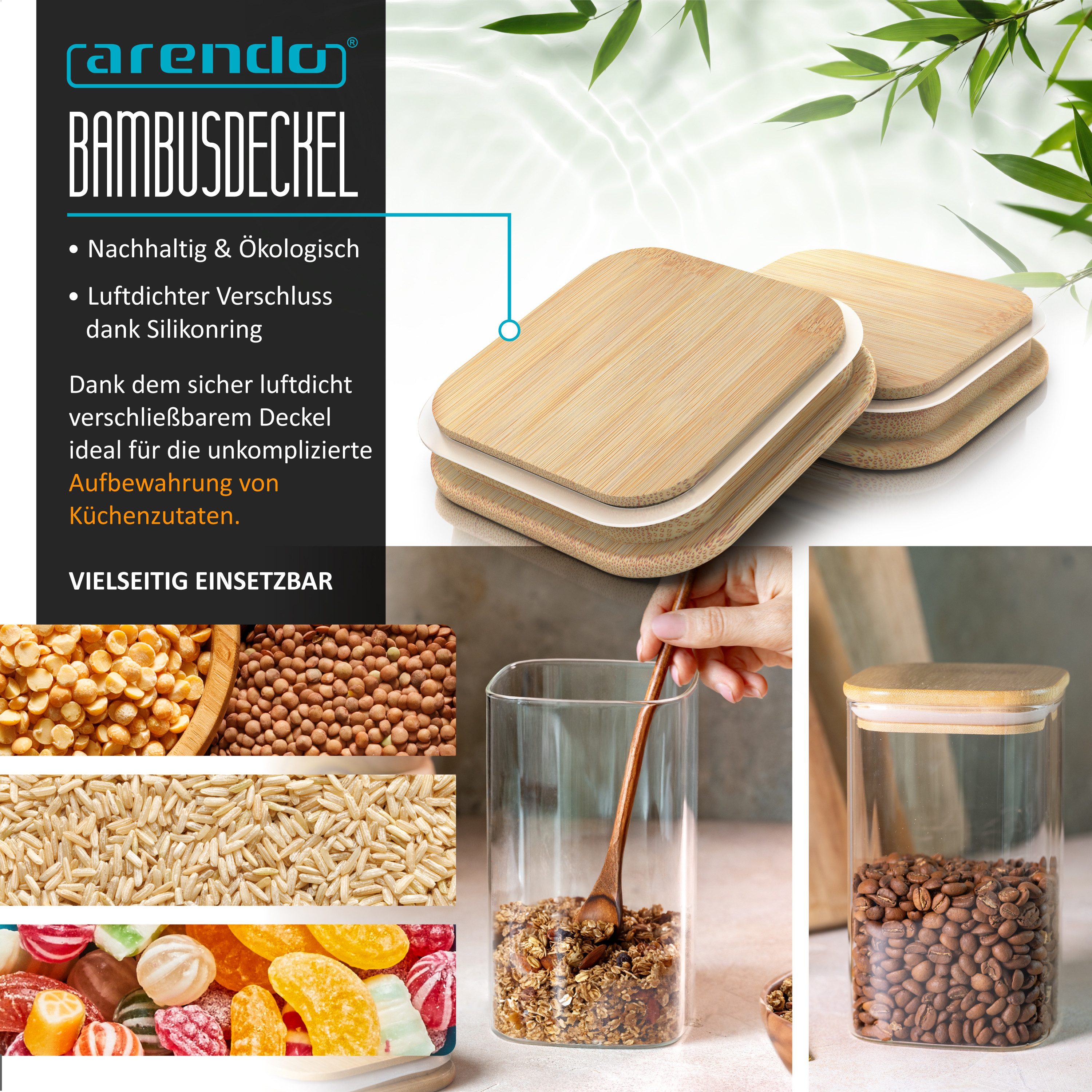 Arendo Aufbewahrungsbecher Glasbehälter-Set 6x 1,65L Borosilikat, Deckel, Aufklebern & Textmarker, Borosilikatglas; Bambus; Silikon, (Vorratsbehälter-Set, 6-tlg., 6er Set), Hitzebeständig, luftdicht, mikrowellengeeignet, spülmaschinenfest