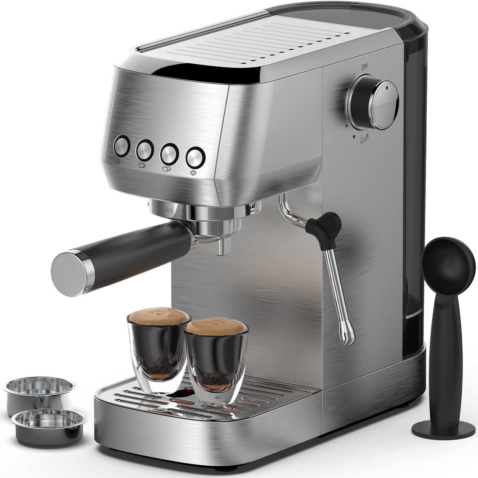 AIMAX Espressomaschine mit 20 Bar italienischer Pumpe – Professionelles Edelstahl-Design, Klassische Tastensteuerung, Milchaufschäumer, Kaffeekanne, Edelstahlfilter 51mm, 1350 W für Heim-Baristas – 1,3L Wassertank für Latte & Cappuccino