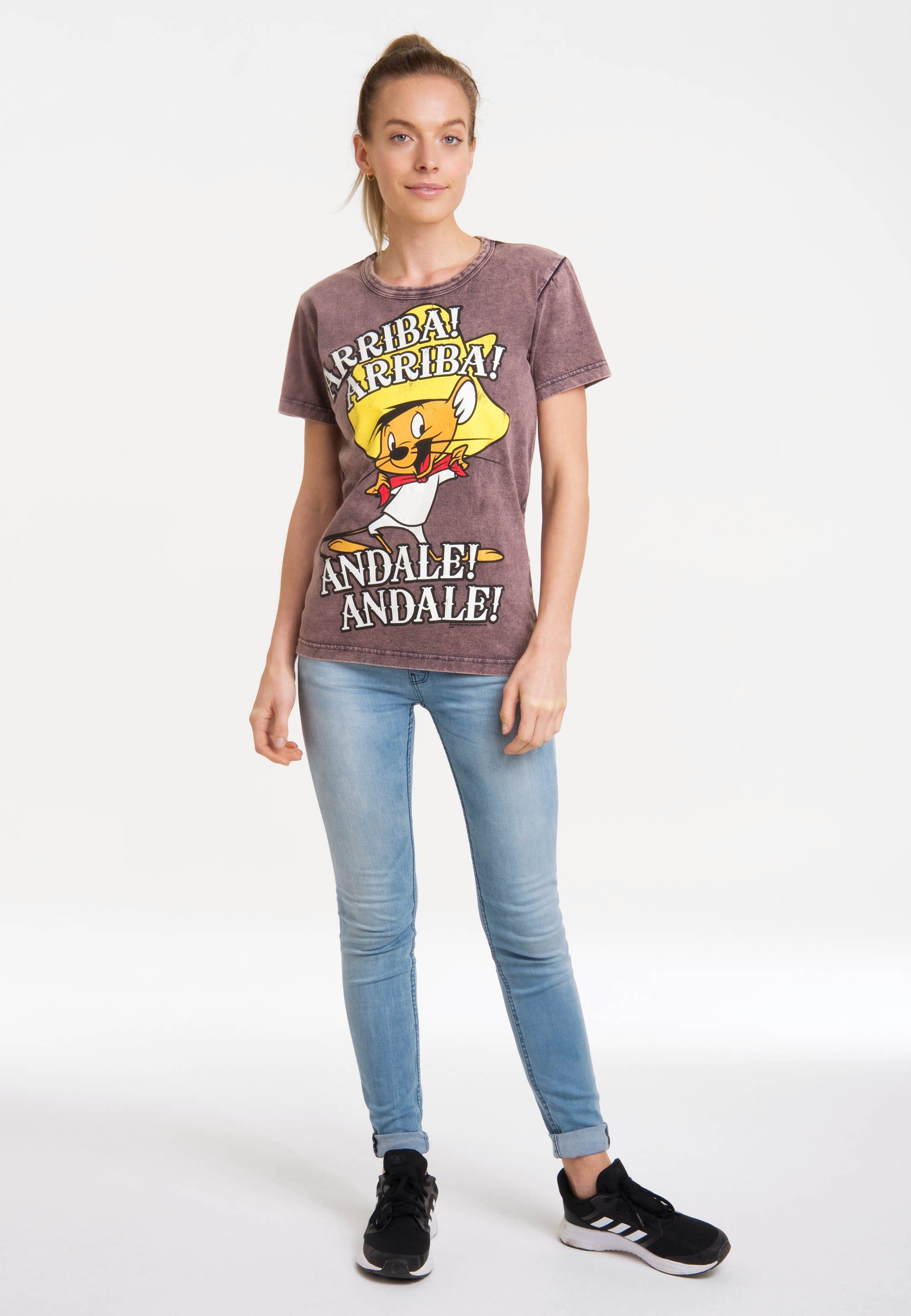 LOGOSHIRT T-Shirt Looney Tunes Speedy Gonzales Print violett lizenziertem mit 