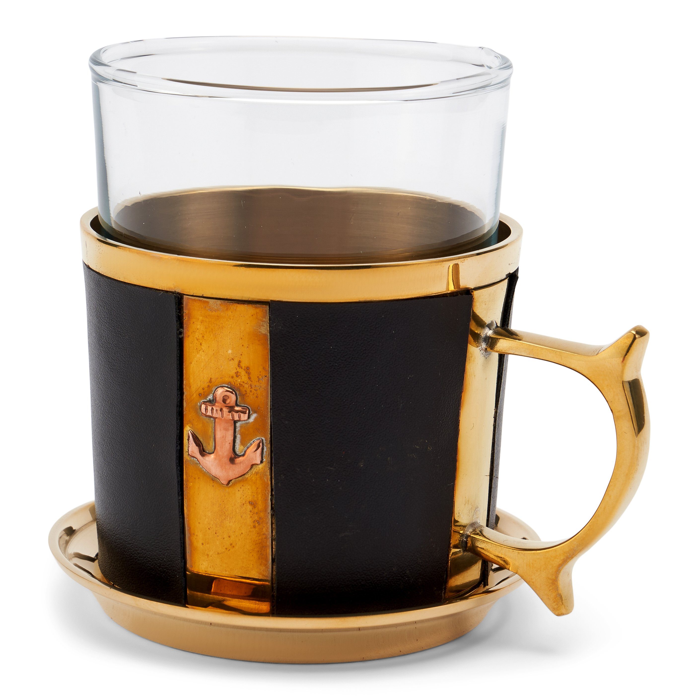 NKlaus Dekofigur Maritim Tee-Set mit Glas und Untersetzer 9cm aus Messing gold und Lede, Made in Germany