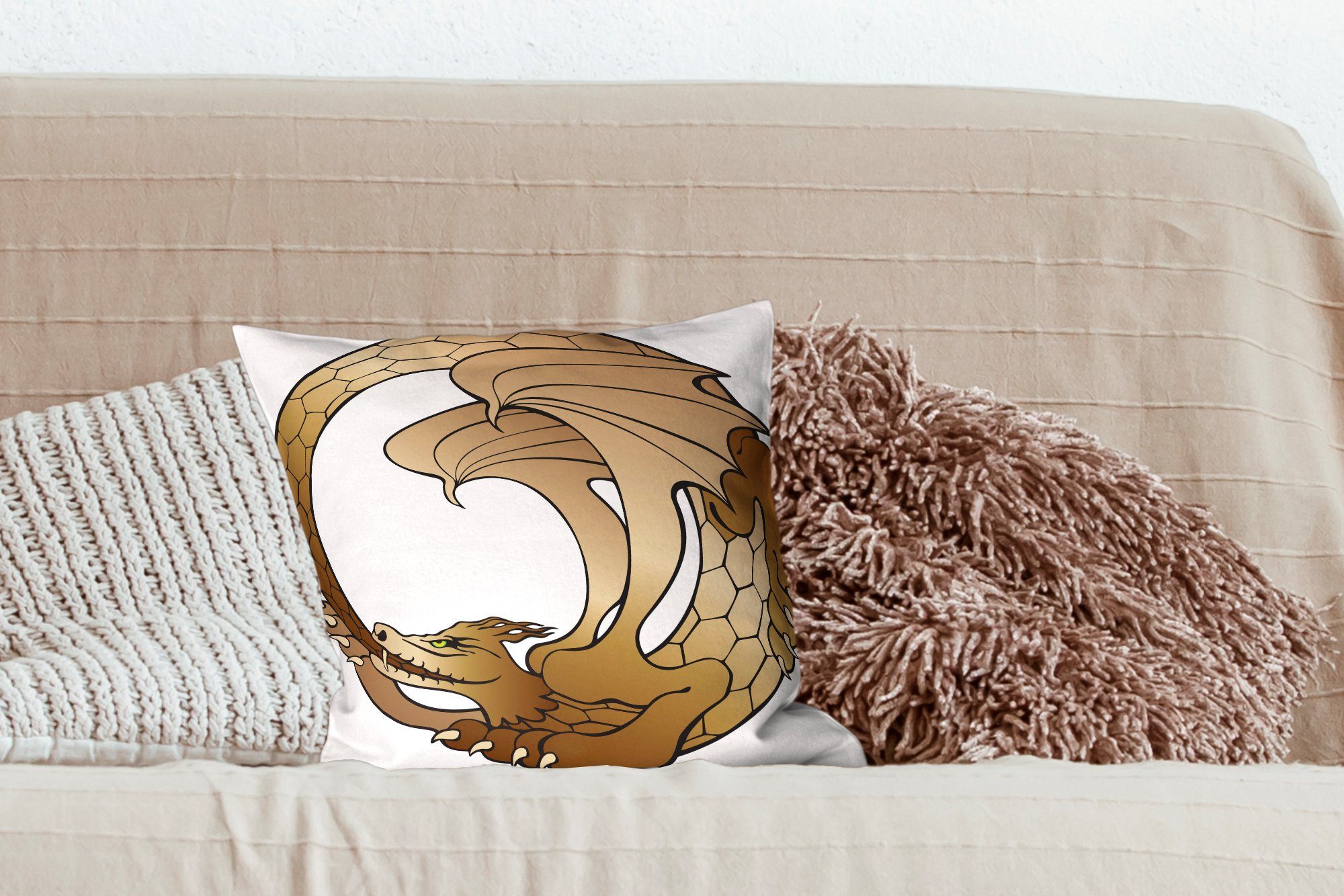 MuchoWow Dekokissen Illustration eines Ouroboros Sofakissen Drachen, Füllung Wohzimmer, Zierkissen mit Schlafzimmer, für braunen mit Deko, einem