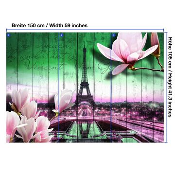 wandmotiv24 Fototapete Holz Blüten Paris Grün, glatt, Wandtapete, Motivtapete, matt, Vliestapete