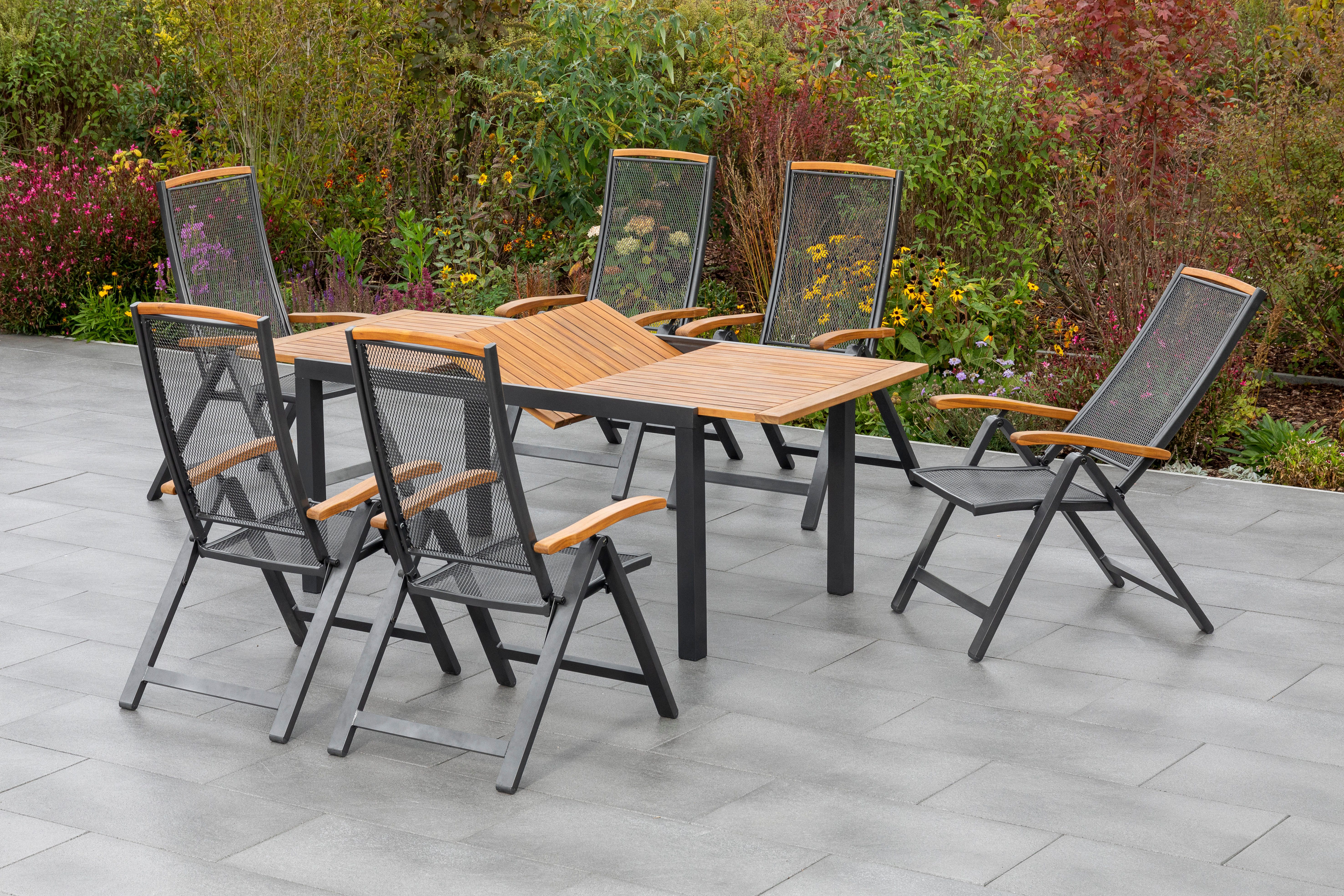 MERXX Garten-Essgruppe Tilos, (7-tlg), 6 Klappsessel mit ausziehbarem Tisch