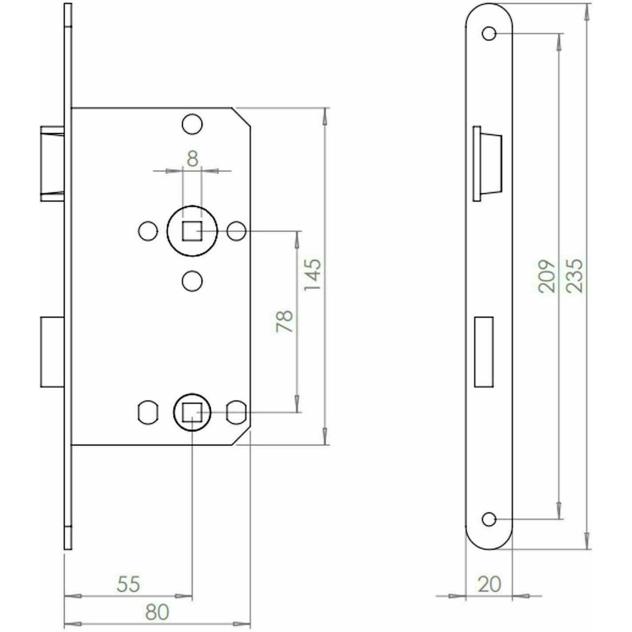ABUS Einsteckschloss Einsteckschloss WC Bad rechts oder Links für Zimmertür Falle, 1-tlg., Riegel Stulpbreite 20mm/STANDARD AUSFÜHRUNG 78/55mm
