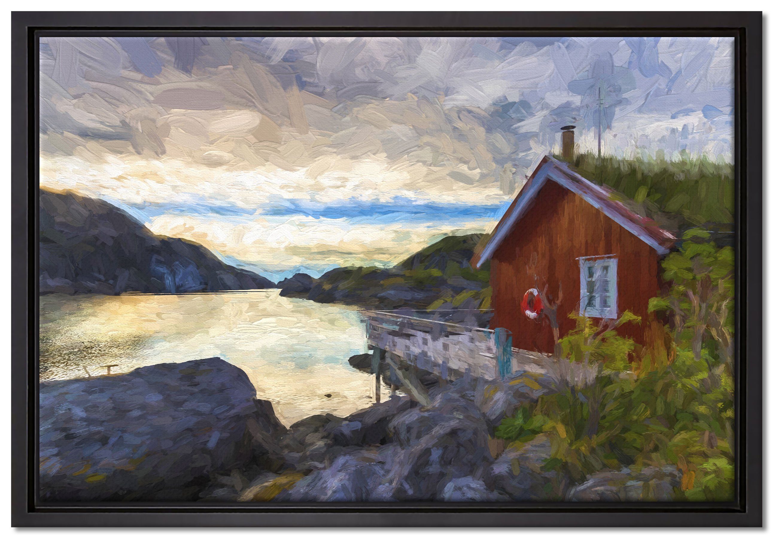 Pixxprint Leinwandbild Sonnenaufgang am Fjord Norwegens, Wanddekoration (1 St), Leinwandbild fertig bespannt, in einem Schattenfugen-Bilderrahmen gefasst, inkl. Zackenaufhänger