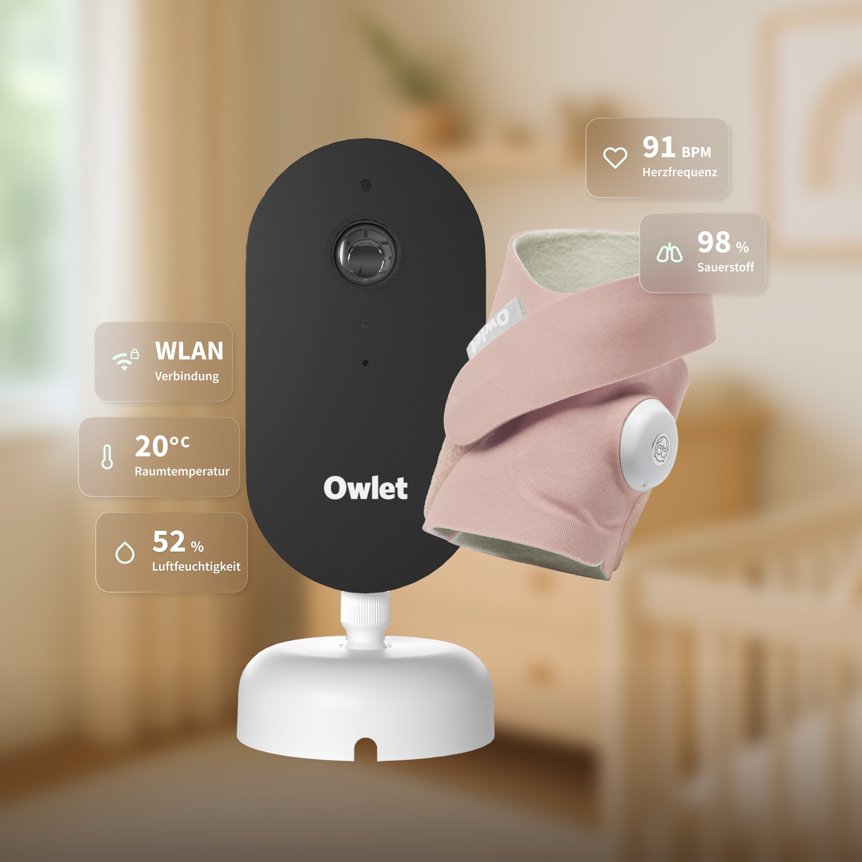 Owlet Baby Care DE Babyphone Videoüberwachung 2K-HD mit App & zertifiziertem Dream Sock® Sensor