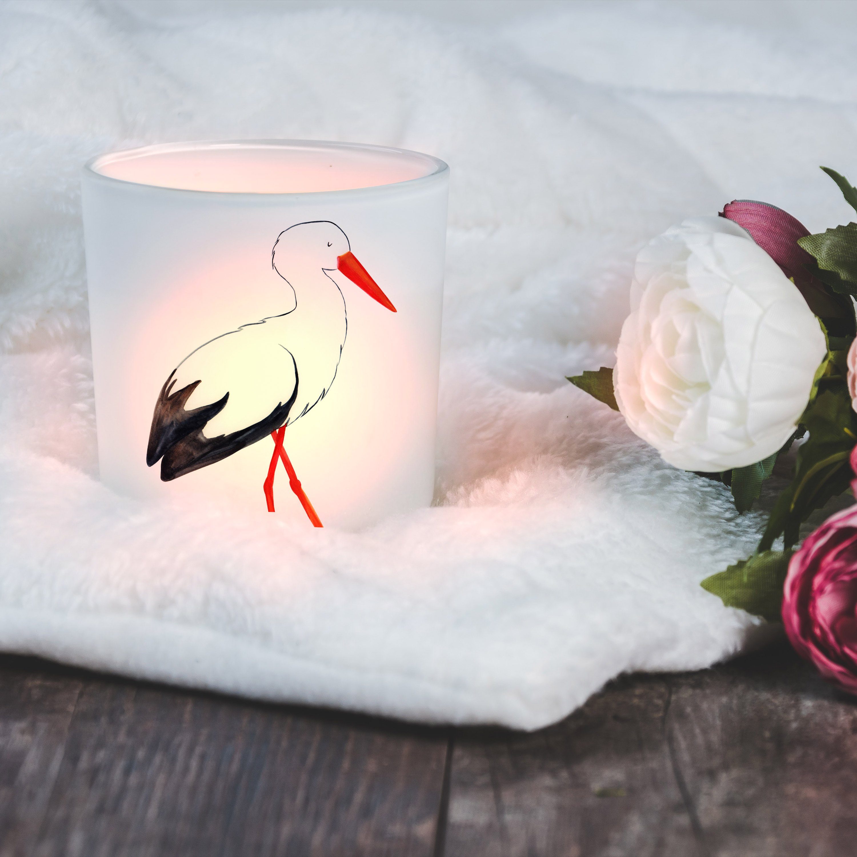 Mr. & Mrs. - Transparent Windlicht Kerzenglas, Geschenk, Panda St) - Storch Tiermotive, (1 Kerzenlicht