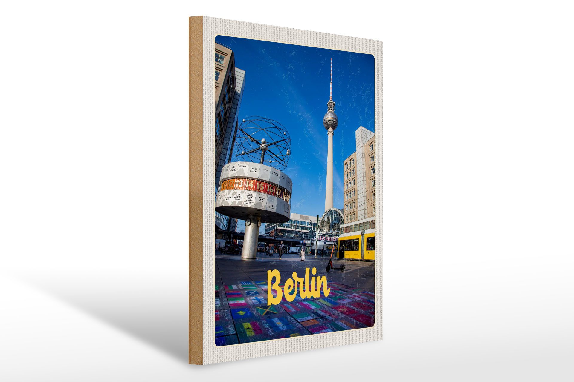 Femer GmbH Holzbild Reise 30x40cm Berlin Deutschland Uhr Alexanderplatz, (1 St), Glatte Holzfaserplatte (MDF), vorn beschichtet