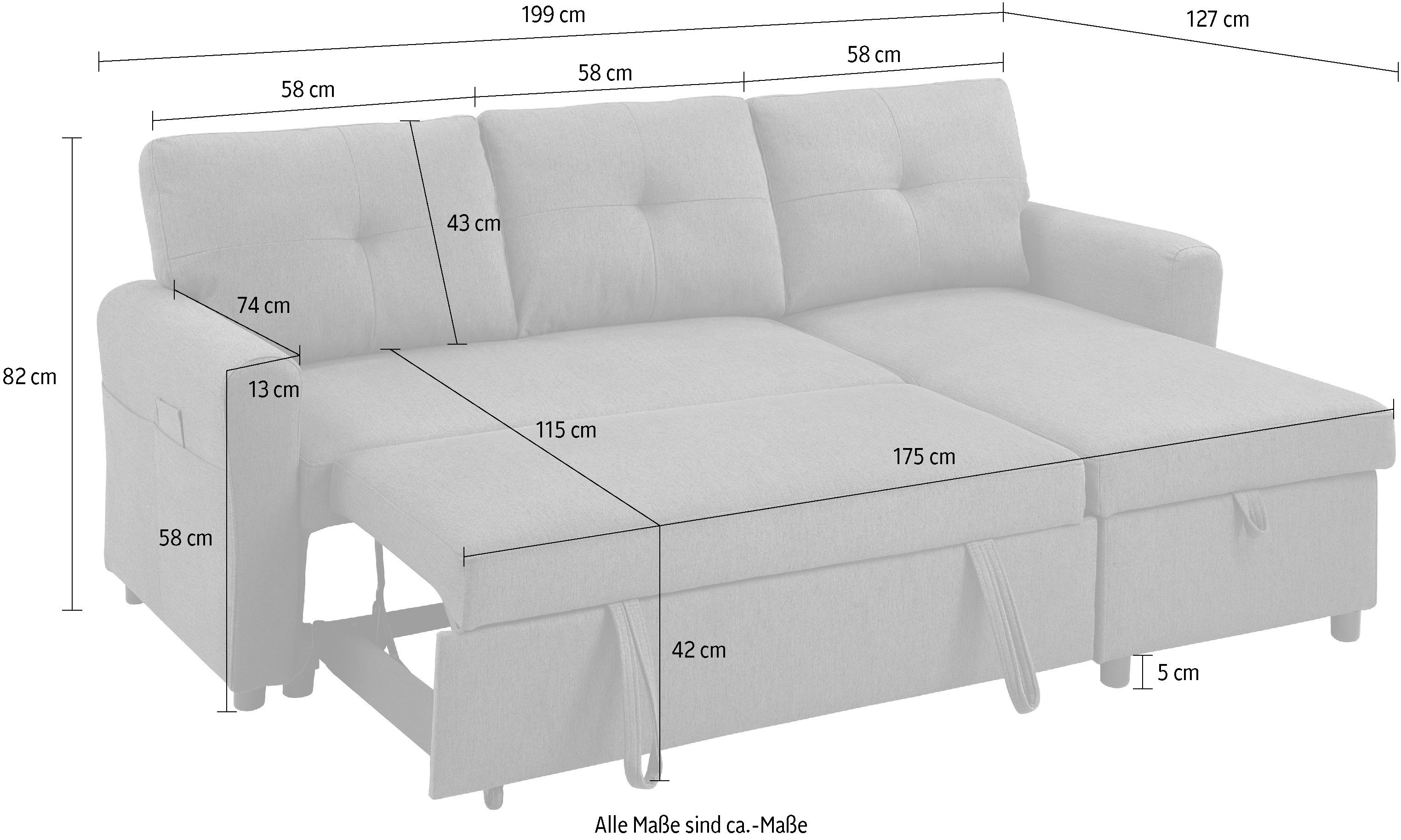 ATLANTIC home collection Schlafsofa Gustavo L-Form, B: 199 cm, mit Bettfunktion, Bettkasten & seitlichen Taschen