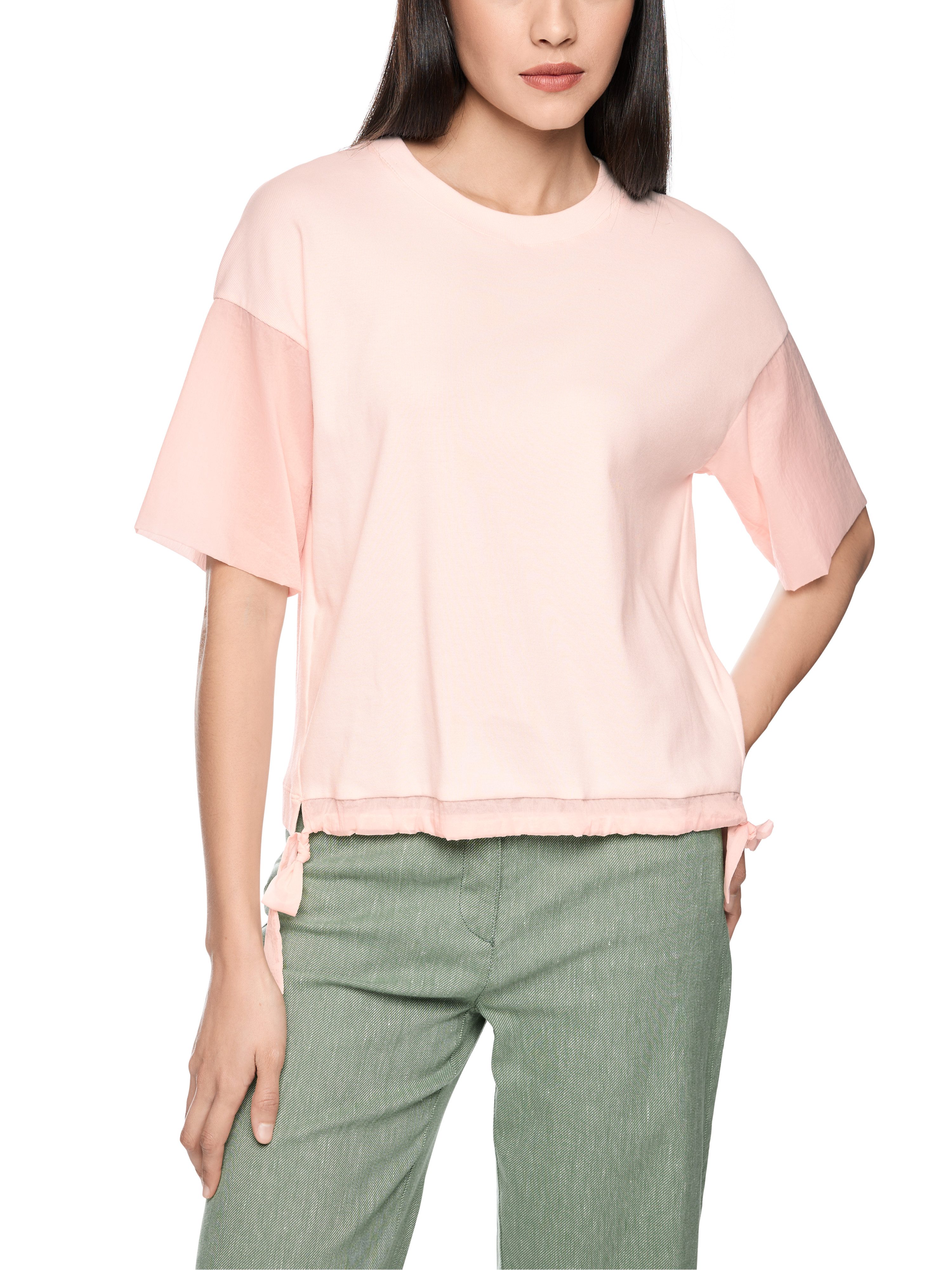 Marc Cain T-Shirt Mindful Moving Premium Damenmode im Materialmix, Raffung am Saum, leicht transparent