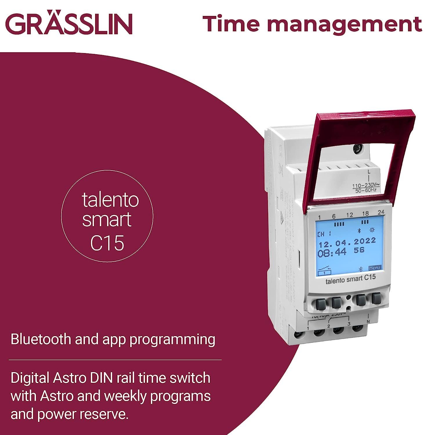 Grässlin Zeitschaltuhr talento smart C15, digitale Astro-Schaltuhr I Bluetooth I App-Programmierung I 1-Kanal