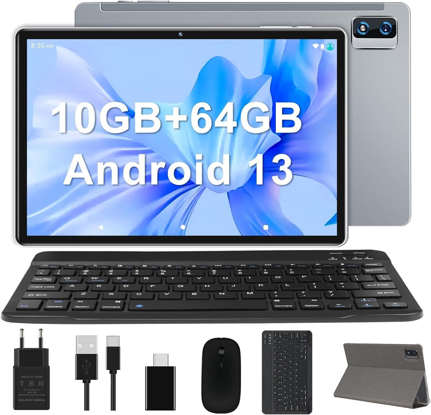 YESTEL 10GB RAM TF 1TB WiFi Tablet PC mit Gehäuse Tastatur Maus Tablet (10,  64 GB, ‎Android 13, 2,4G, Mit BT5.0 8000mAh 13MP+5MP Kamera Face ID HD  Tablet Slim & Light)