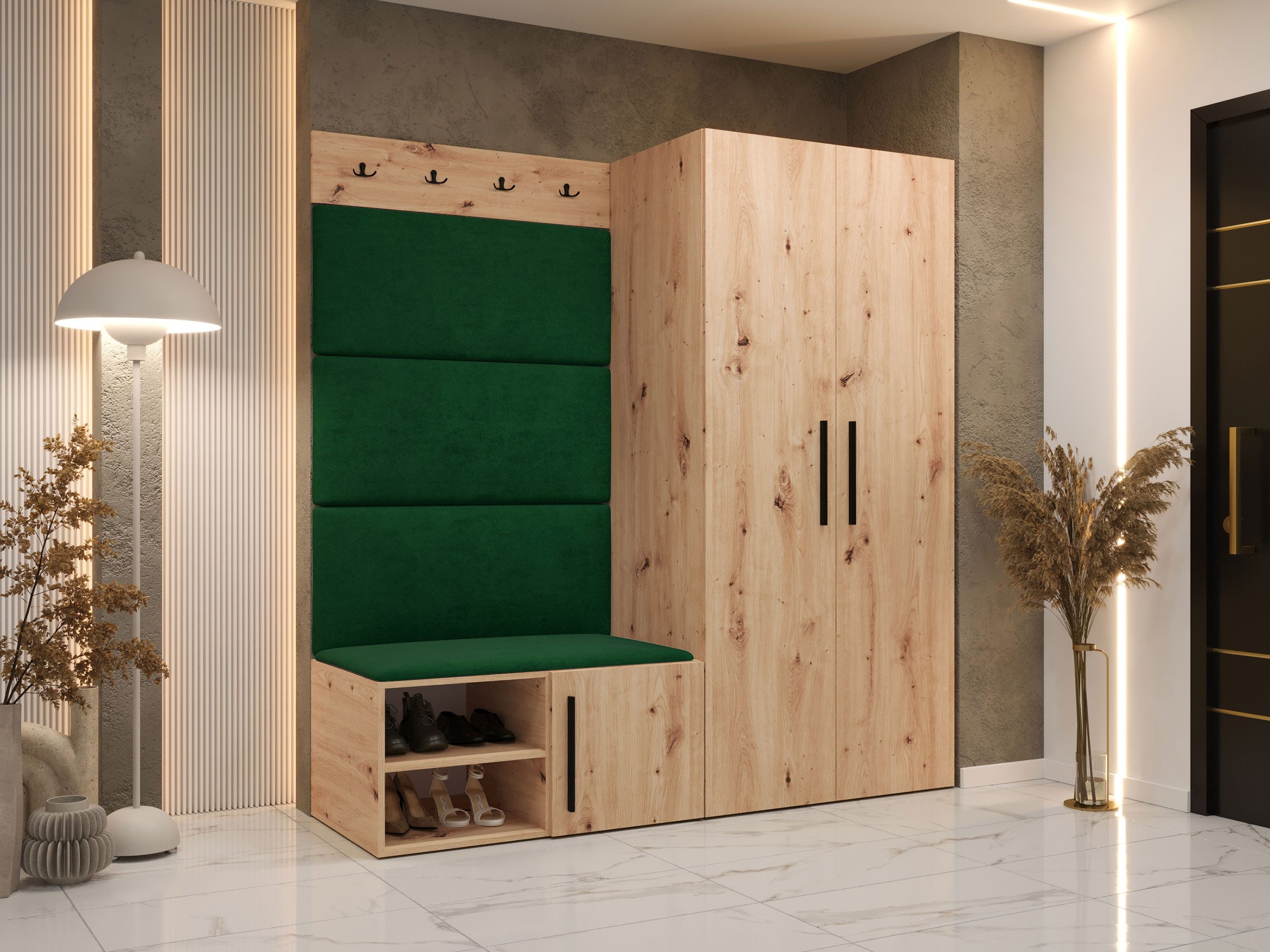 MIRJAN24 Garderoben-Set Medi I, (Drehtürenschrank, Schuhschrank, 4x Paneel 84x42), Kleiderstange, 4 Kleiderhaken für Kleidung