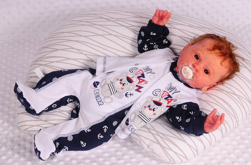 La Bortini Strampler Baby Anzug 3Tlg Strampler Hemdchen Mütze mit Anker und Bär aus reiner Baumwolle, 44-50 56 62 68 74 80 in weiß blau
