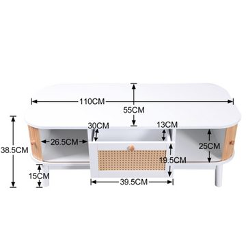 XDeer Couchtisch Couchtisch - Rattan-Kaffeetisch, Schubladen mit Rattan, und Schiebetüren,Massivholzbeine