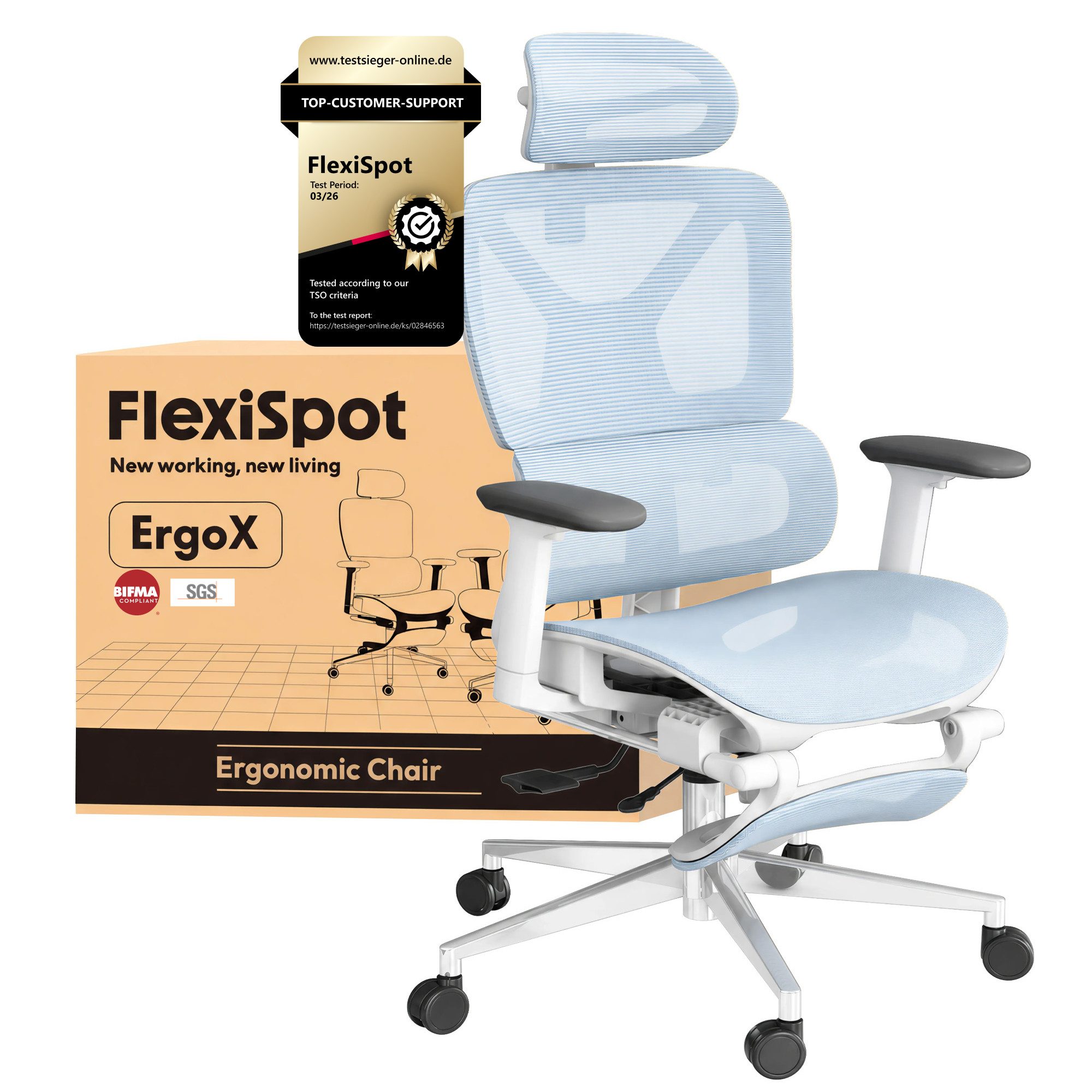 FLEXISPOT Bürostuhl ErgoX, Premium Ergonomischer Schreibtischstuhl (Rückenlehne 90°-135° verstellbar, 3D-Armlehnen, 3D-Kopfstütze, 5D-Rückenlehne), 136 kg Tragkraft, mit Fuß- und Lendenunterstützung,in knalligen Farben