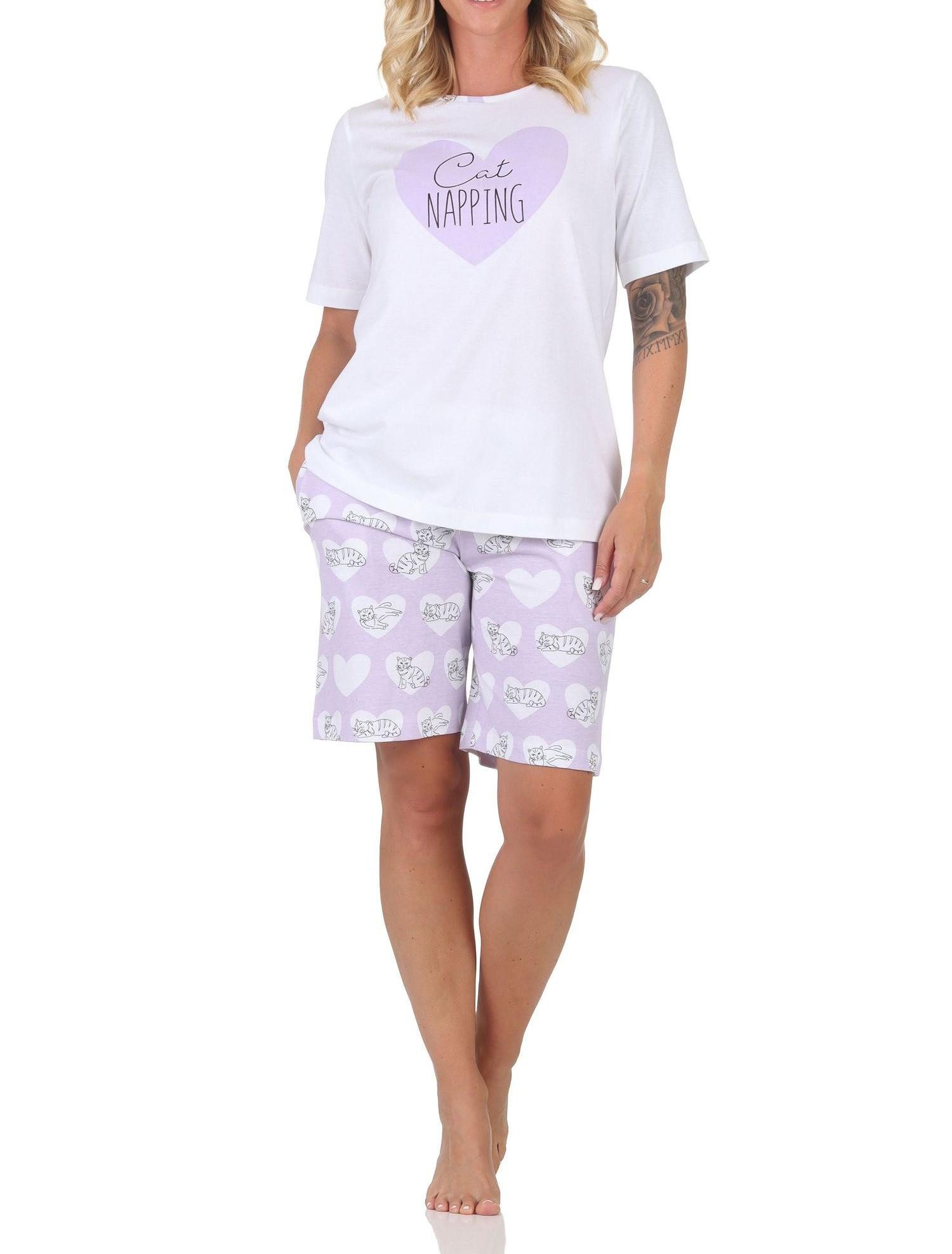 Normann Pyjama Normann Damen kurzarm Shorty Schlafanzug mit Herz und Katzenmotiv