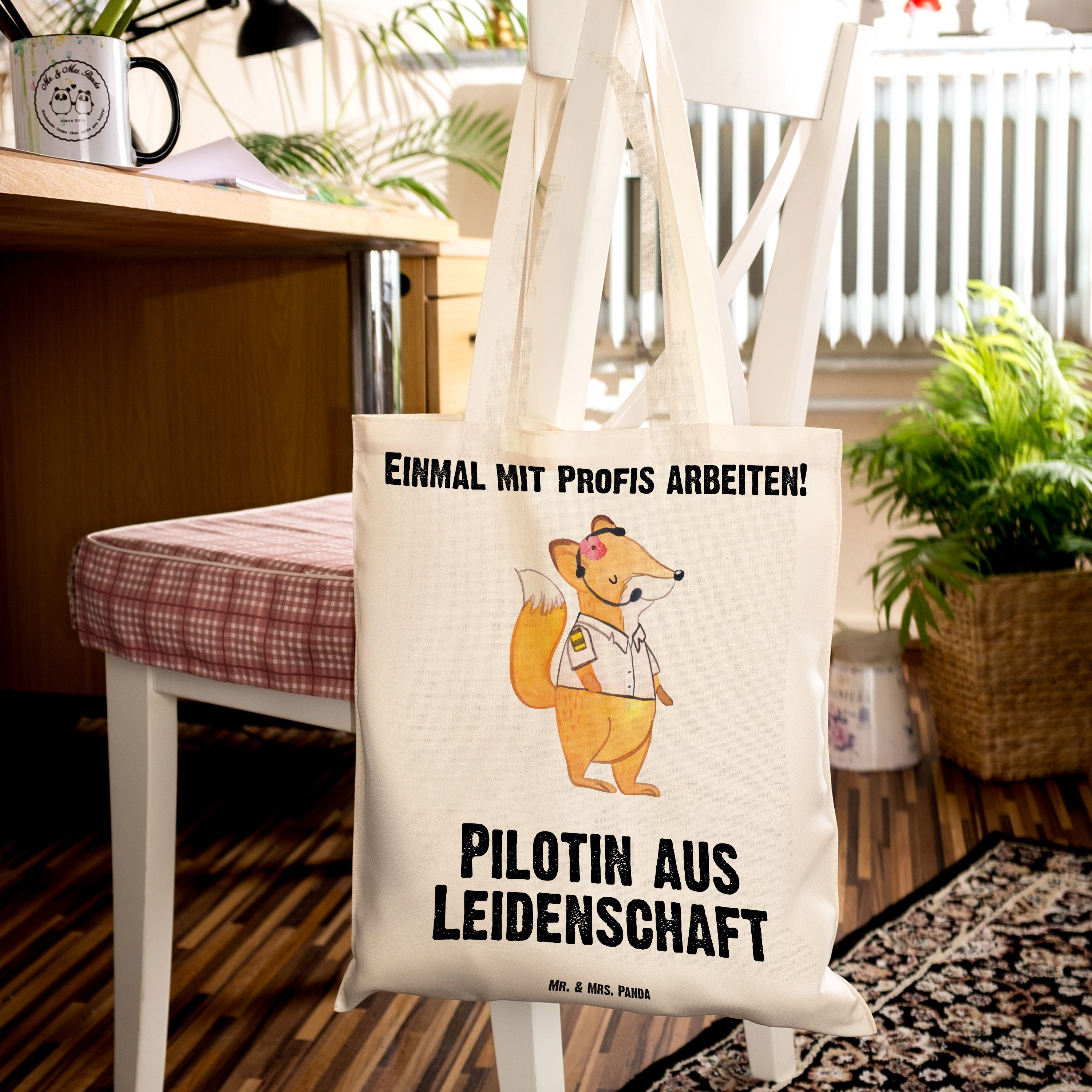 Einkaufstasche, - Panda & Transparent Pilotin Mr. Mrs. Leidenschaft Geschenk, Tragetasche - (1-tlg) Co aus