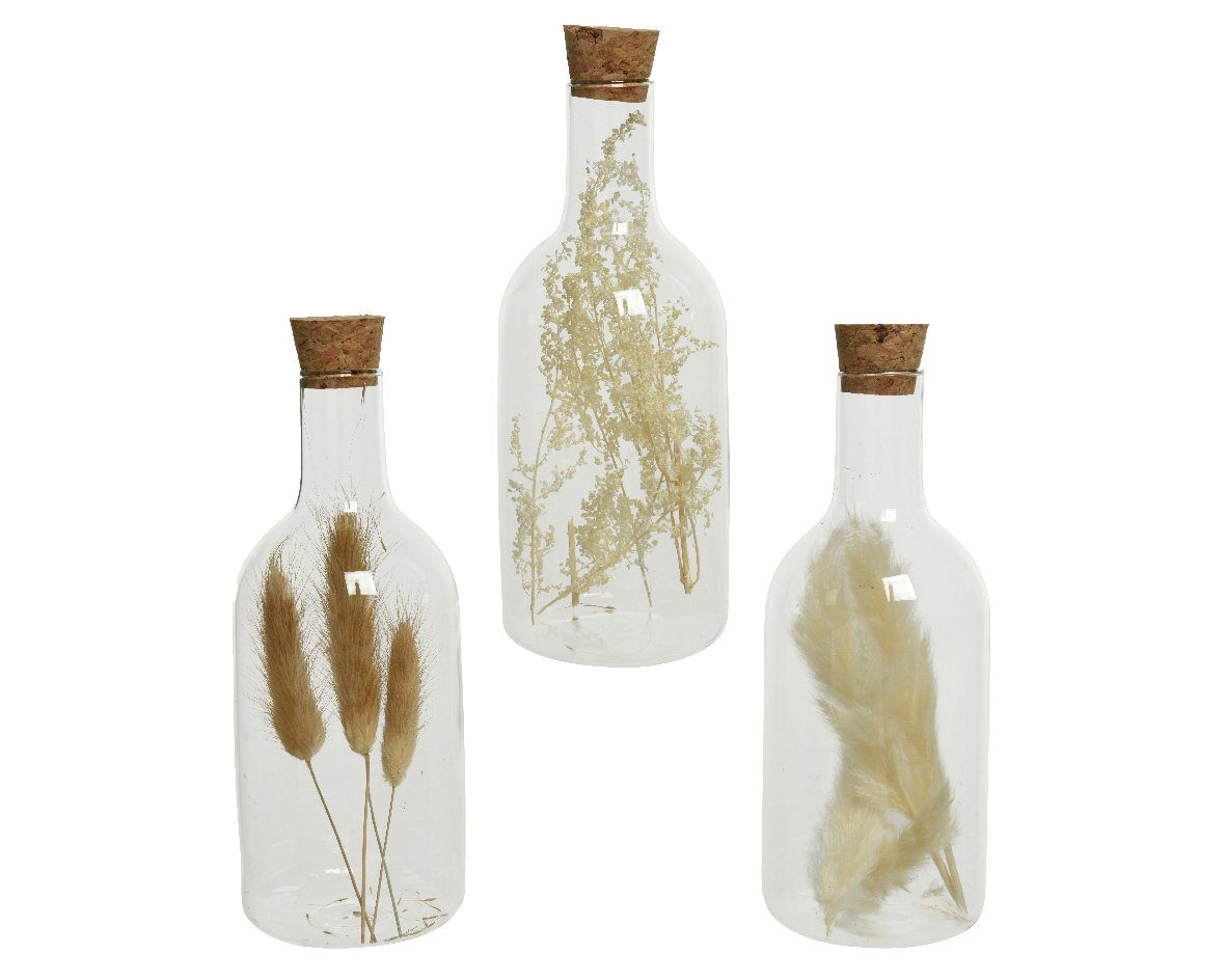 Decoris season decorations Deko-Glas, Glasflasche mit Trockenblumen gefüllt 17cm creme 1 Stück sortiert