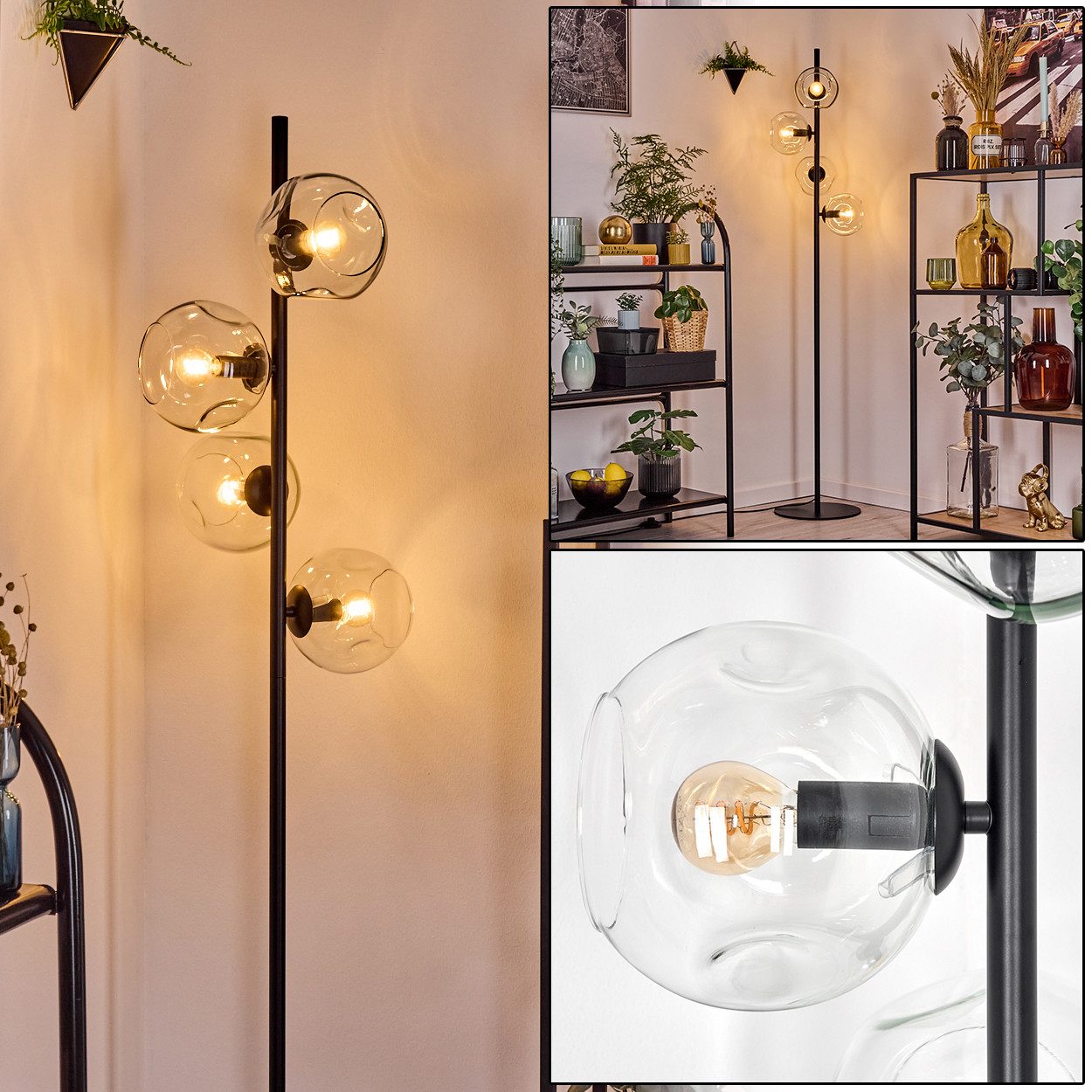 Stehlampe Stehlampe aus Metall/Glas in Schwarz/Klar, Retro/Vintage-Design
