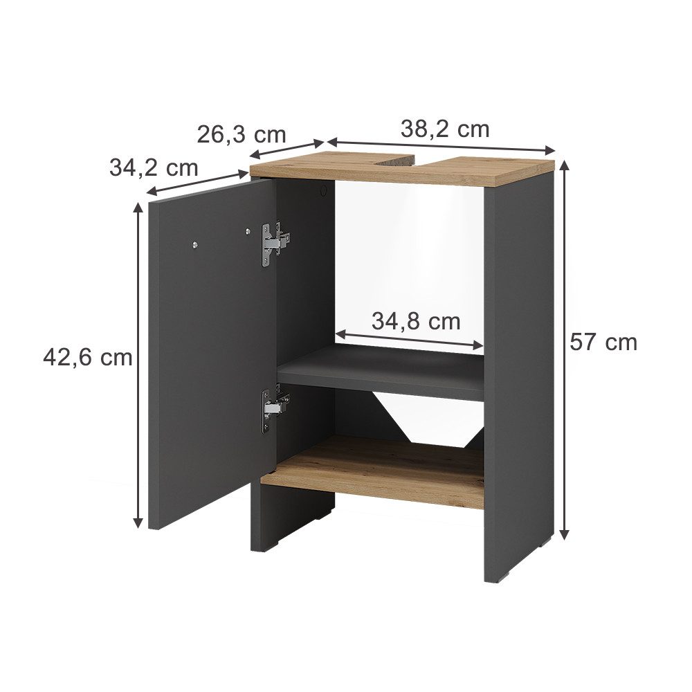 Vicco Waschbeckenunterschrank Karli, Anthrazit/Goldkraft Eiche, 38.2 x 57 cm mit der Tür (1-St)