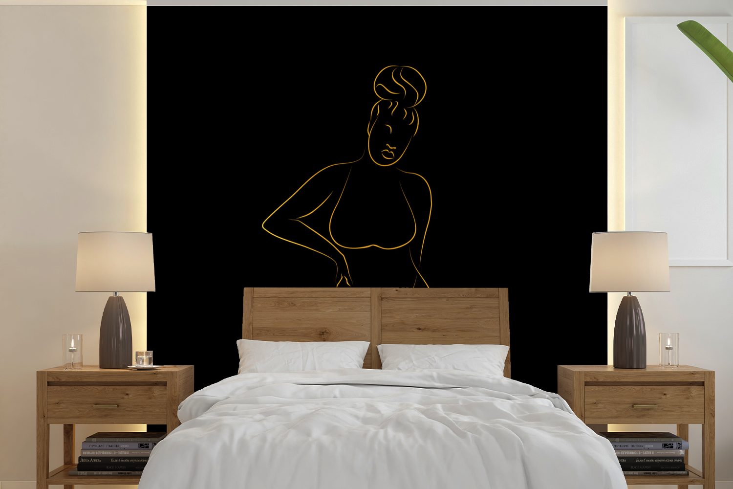 MuchoWow Fototapete Frau - Schwarz - Gold - Strichzeichnung, Matt, bedruckt, (5 St), Vinyl Tapete für Wohnzimmer oder Schlafzimmer, Wandtapete | Fototapeten