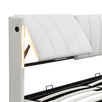 HAUSS SPLOE Polsterbett 140x200cm mit USB-Anschluss, LED, verstellbares Kopfteil PU, weiß (140x200cm ohne Matratze LED-Polsterbett, Mit LED-Beleuchtung, mit Stauraum, verstellbares Kopfteil), wiederaufladbarer USB-Anschluss im Bett