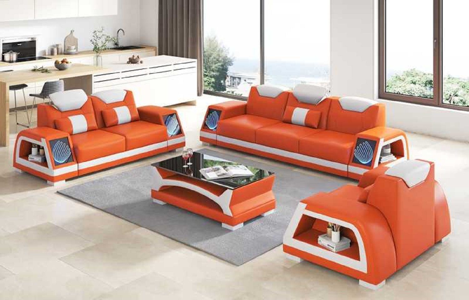 JVmoebel Wohnzimmer-Set Komplette Couchgarnitur Sofagarnitur Sofa 3tlg Sofas Braun, (3-St., Nur Sofa 2+3 Sitzer + Sessel), Made in Europe Orange | Wohnwände