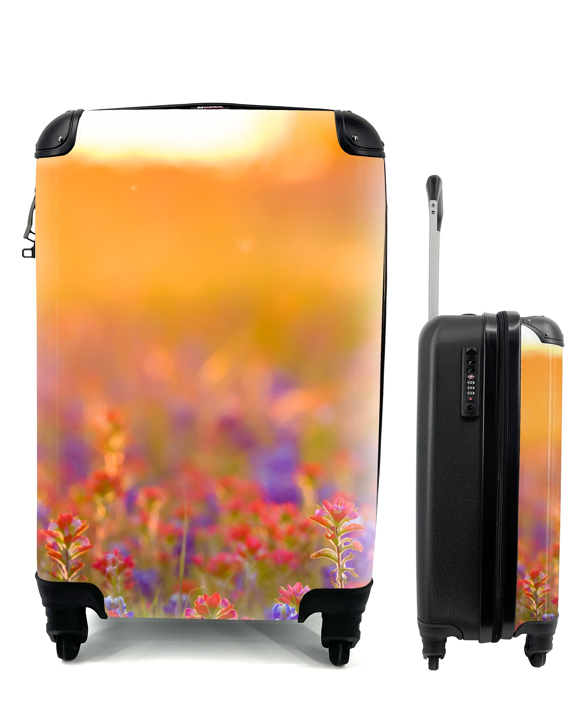 MuchoWow Handgepäckkoffer Blumen - Gold - Sonne, 4 Rollen, Reisetasche mit rollen, Handgepäck für Ferien, Trolley, Reisekoffer