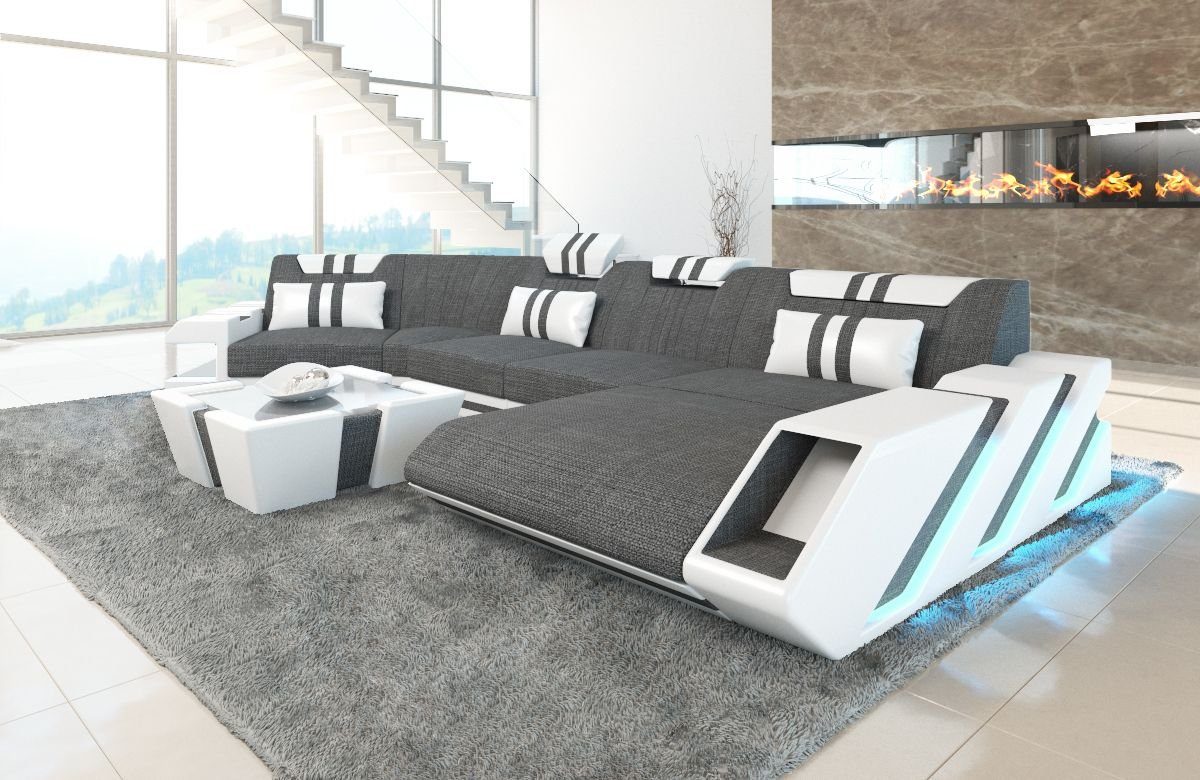 Sofa Dreams Wohnlandschaft Stoff Sofa Apollonia C Form Stoffsofa Polster Stoff Couch, mit LED, wahlweise mit Bettfunktion als Schlafsofa, Designersofa H5 Grau-Weiss