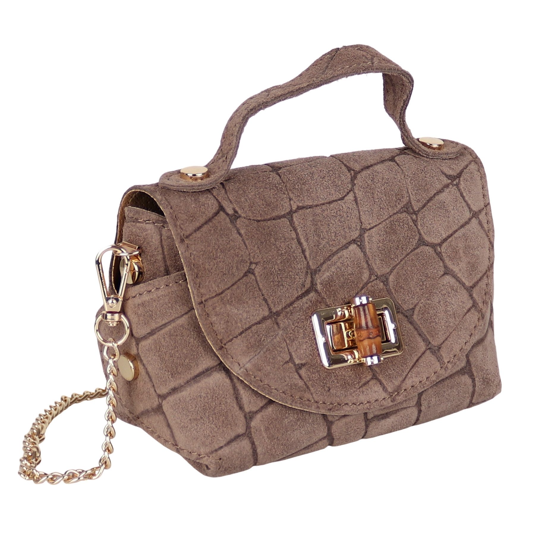 MIRROSI Henkeltasche Damen kleine Tasche aus Echtleder Schultertasche 16,50x10x8,50 cm, Mit goldfarbener Kette, ca. 125 cm lang