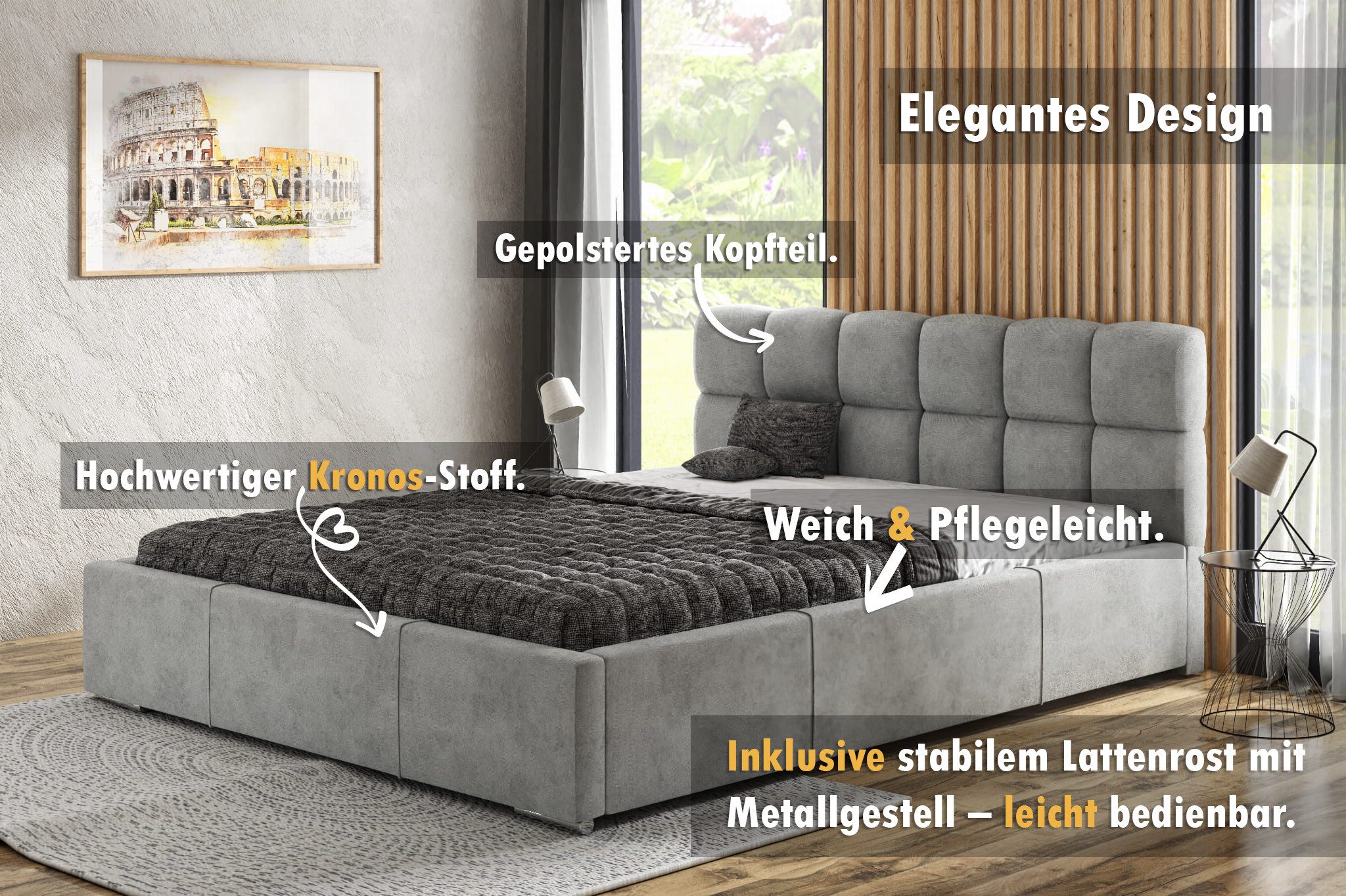 thematys Polsterbett mit Bettkasten & Lattenrost – Stauraumbett 140x200 - 200x200cm (Plüschstoff Bett mit optionaler 7-Zonen Taschenfederkernmatratze)