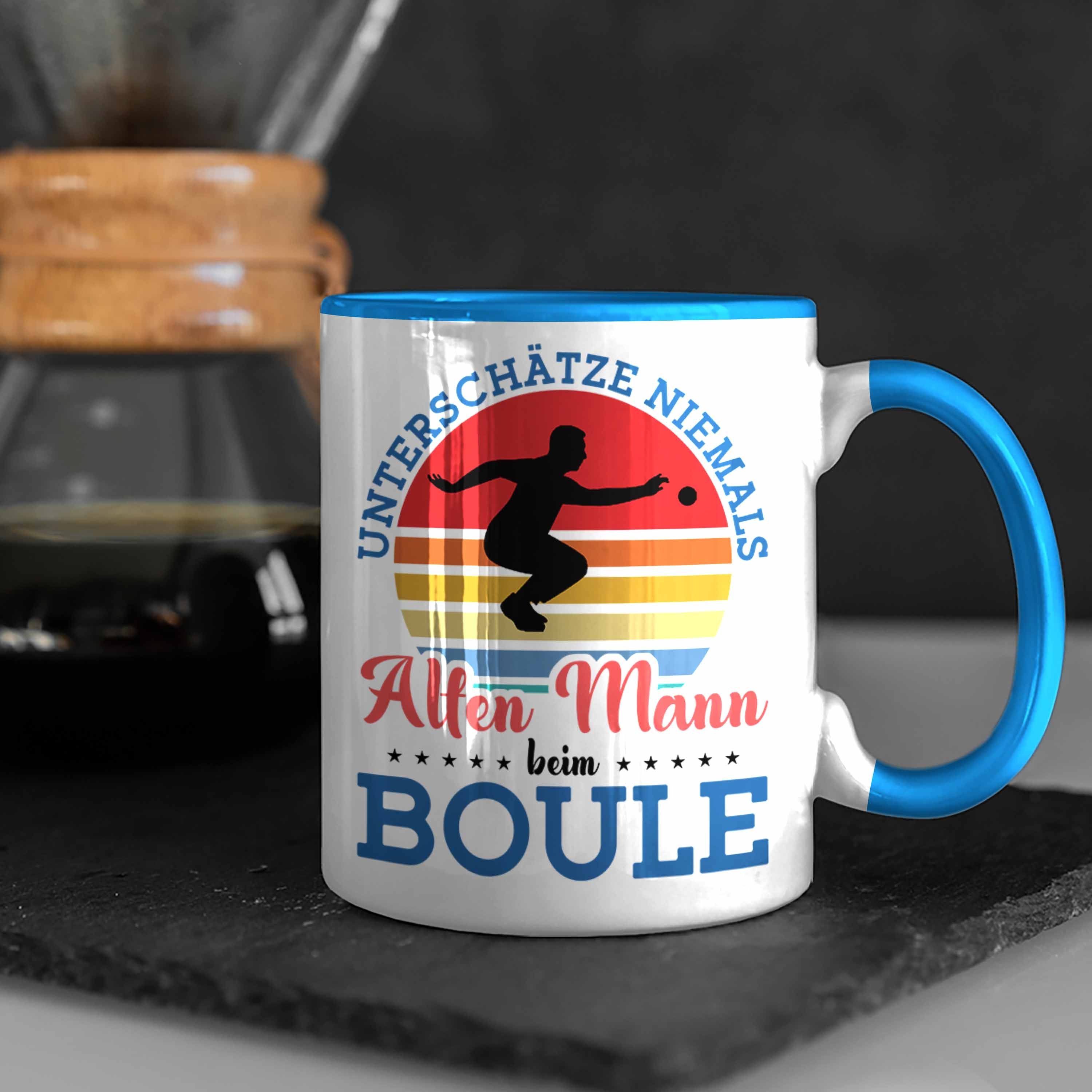 Tasse Nie als Unterschätze für Trendation Boule Blau Spruch Boule-Spieler Geschenkidee Tasse