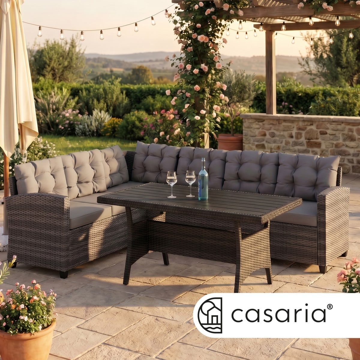 Casaria Gartenlounge-Set Lissabon, Polyrattan WPC Esstisch Eckbank 15cm Kissen 7cm Auflagen Wetterfest