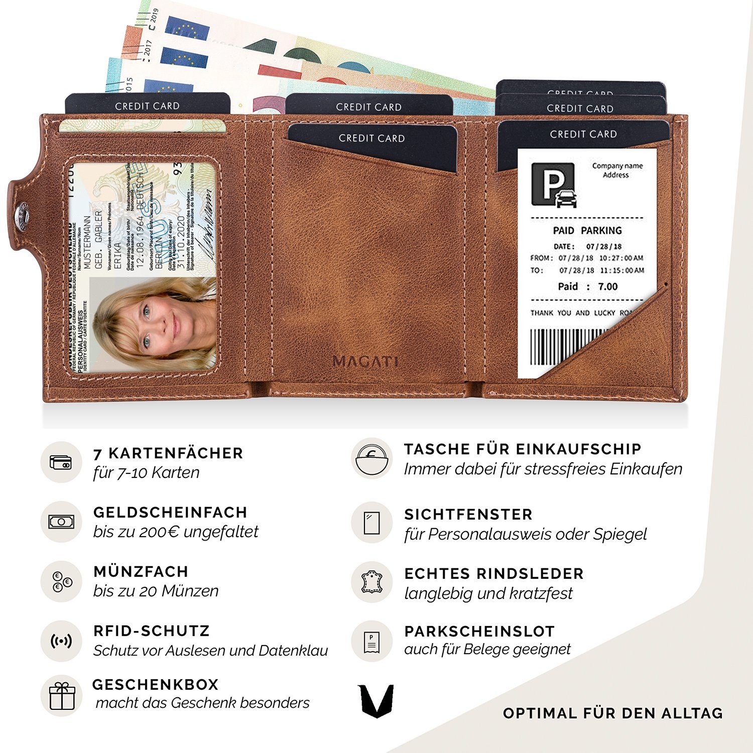 RFID-Schutz zu Einkaufswagenchip-Fach, bis Herren Damen MAGATI Braun klein Portemonnaie Geschenkverpackung), für Karten, Wallet, (mit Geldbörse aus mit 10 Echtleder & Münzfach,