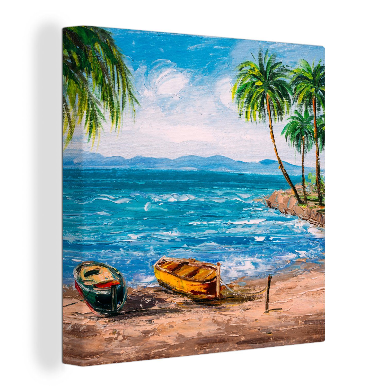 OneMillionCanvasses® Gemälde Gemälde - Öl auf Leinwand - Strand - Palme - Boot, (1 St), Leinwand Bilder für Wohnzimmer Schlafzimmer