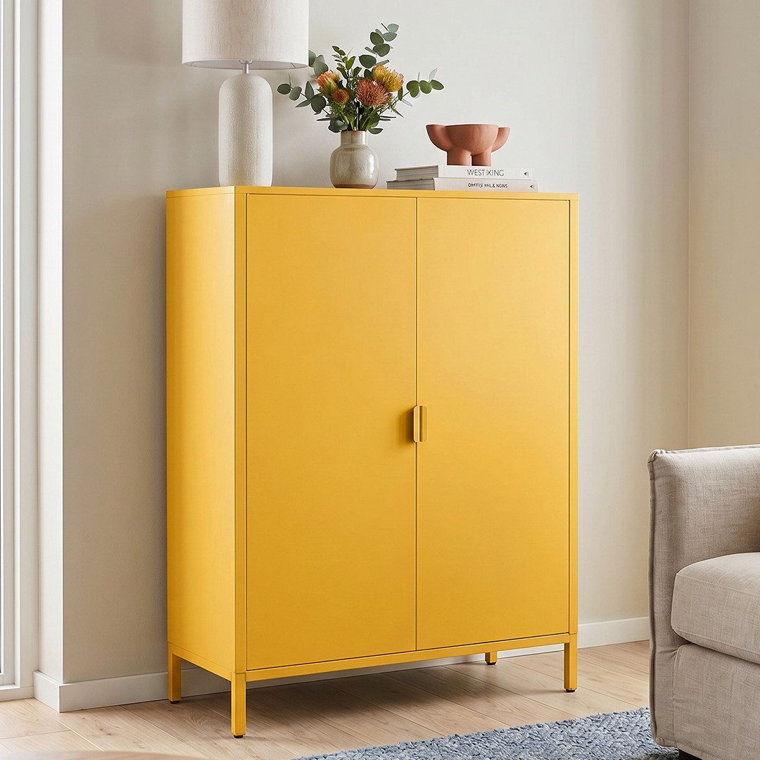 skølm Kommode Ituri aus Metall (Senfgelb), Highboard mit 2 Einlegeböden, höhenverstellbare Füße