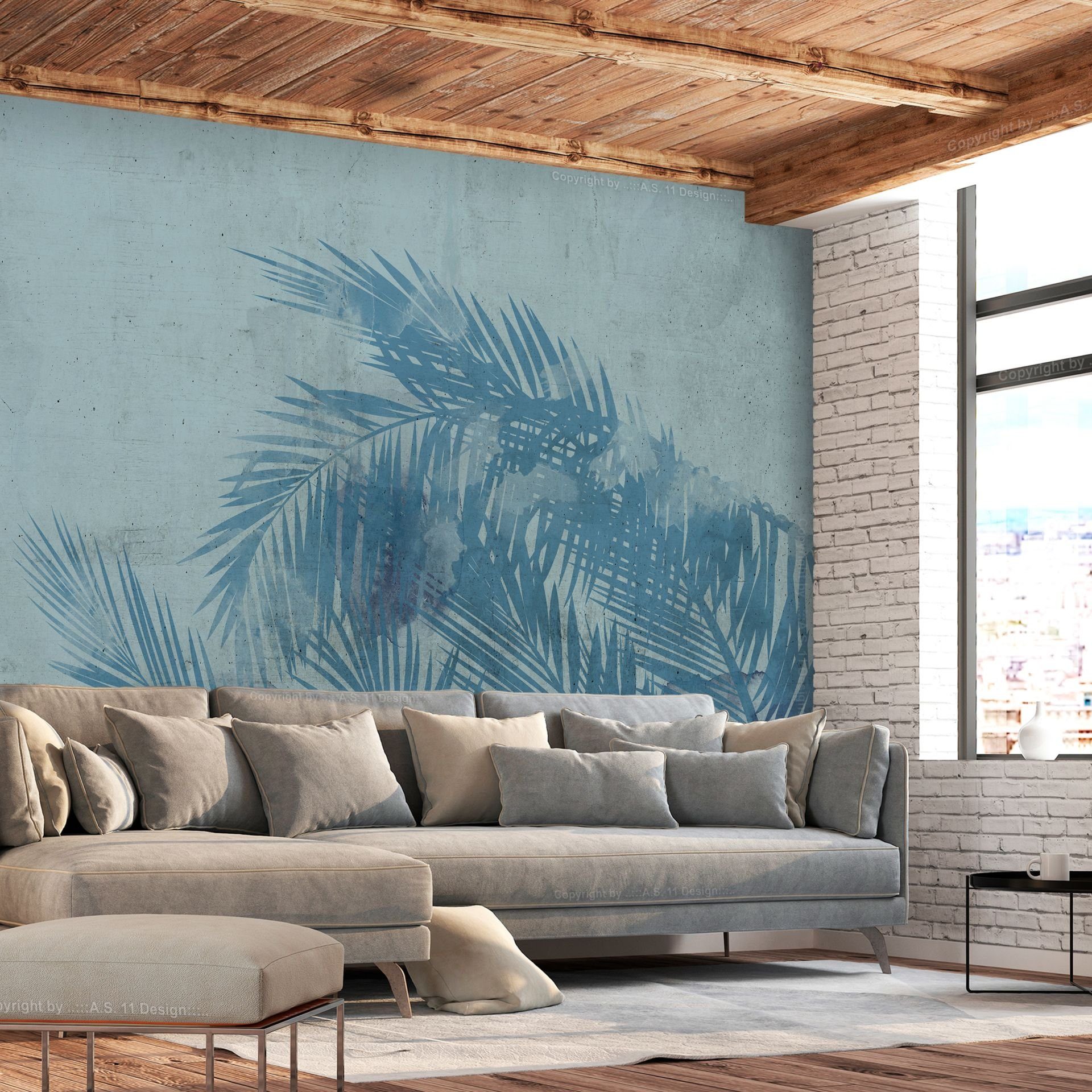 KUNSTLOFT Vliestapete Palm Trees in Blue 1x0.7 m, halb-matt, lichtbeständige Design Tapete