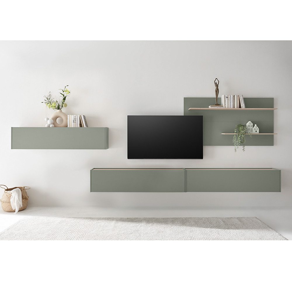Lomadox Wohnzimmer-Set CRISP-61, (Mega-Spar-Set, 4-St., Wandpaneel inkl. LED-Beleuchtung Hängeschänke), grün mit Eiche Nb., wandhängend, grifflos, viel Stauraum, Beleuchtung