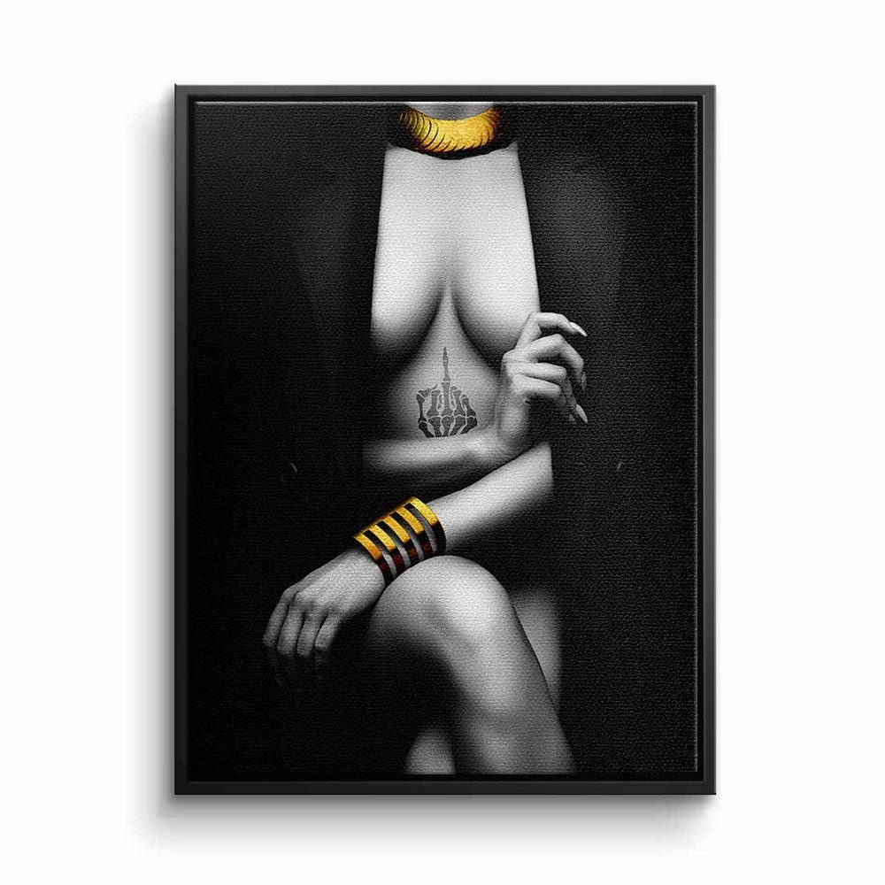 DOTCOMCANVAS® Leinwandbild, Leinwand Elegant Pose schwarz grau gold Frau Erotik elegant mit premiu schwarzer Rahmen