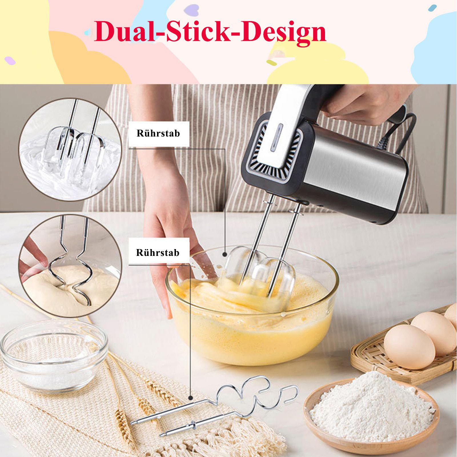 Jibenhome Handmixer 800W Edelstahl Handmixer, Turbostufe & 5 Geschwindigkeiten, mit 2 Knethaken & 2 Rührbesen