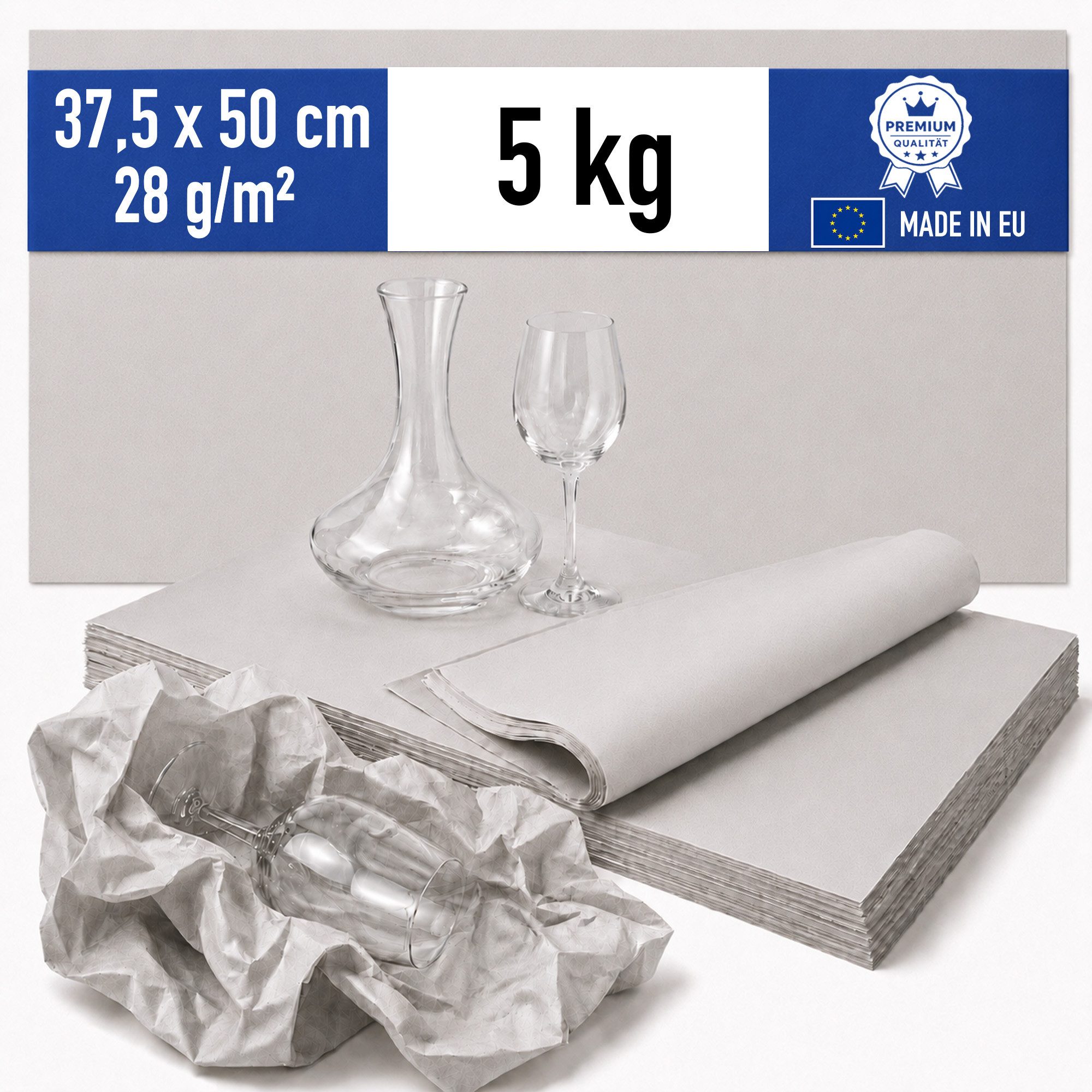 Papieronkel Seidenpapier Packseide Packpapier 37,5x50cm 28g/m² für Packen Umzug Geschirr Gläser, 5kg Einschlagpapier zum Einwickeln, 100% Recycling, weich & staubarm