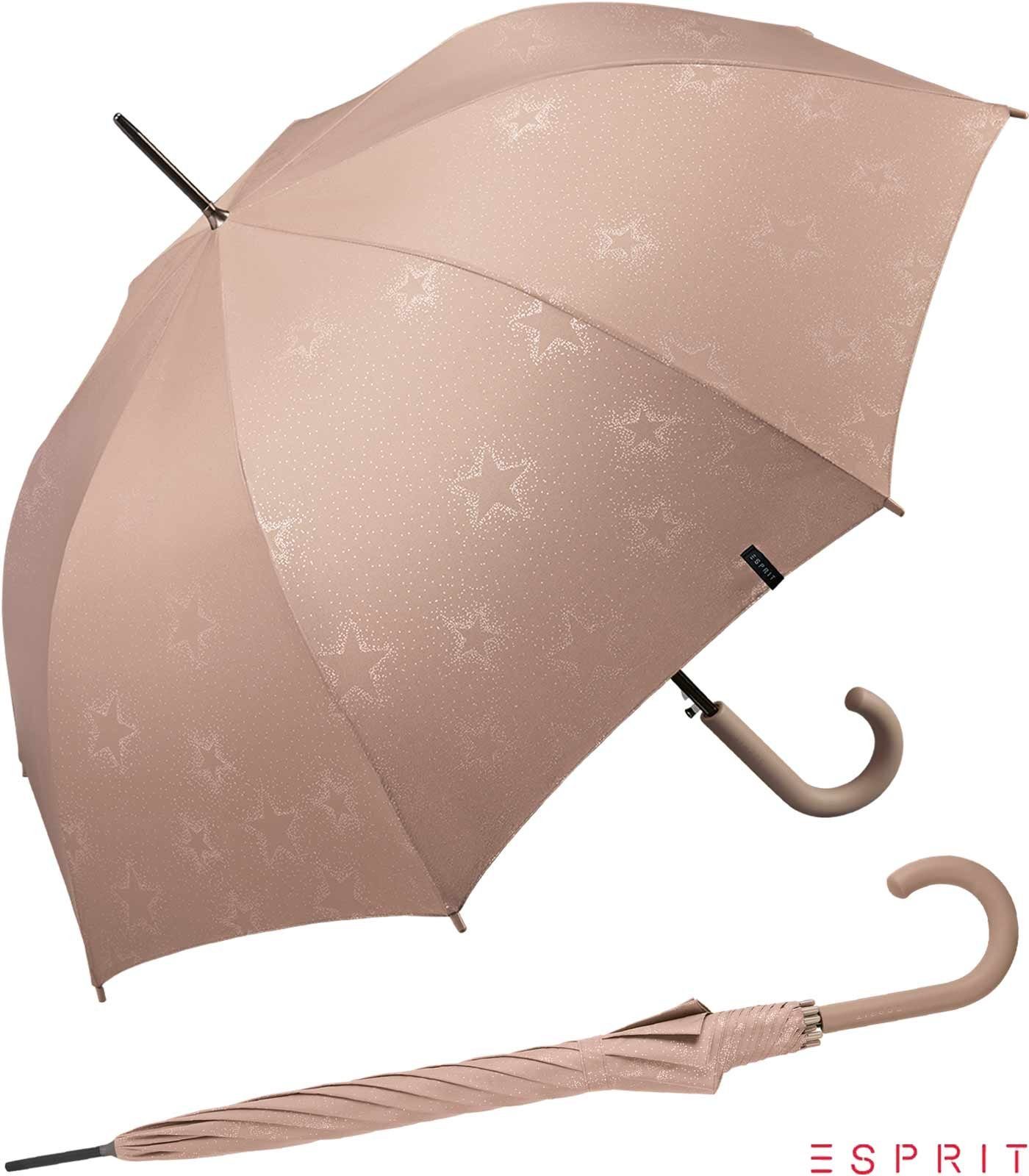 Esprit Langregenschirm Damen Auf-Automatik - Starburst - taupe gray metallic, groß, stabil, mit verspieltem Sternenmuster
