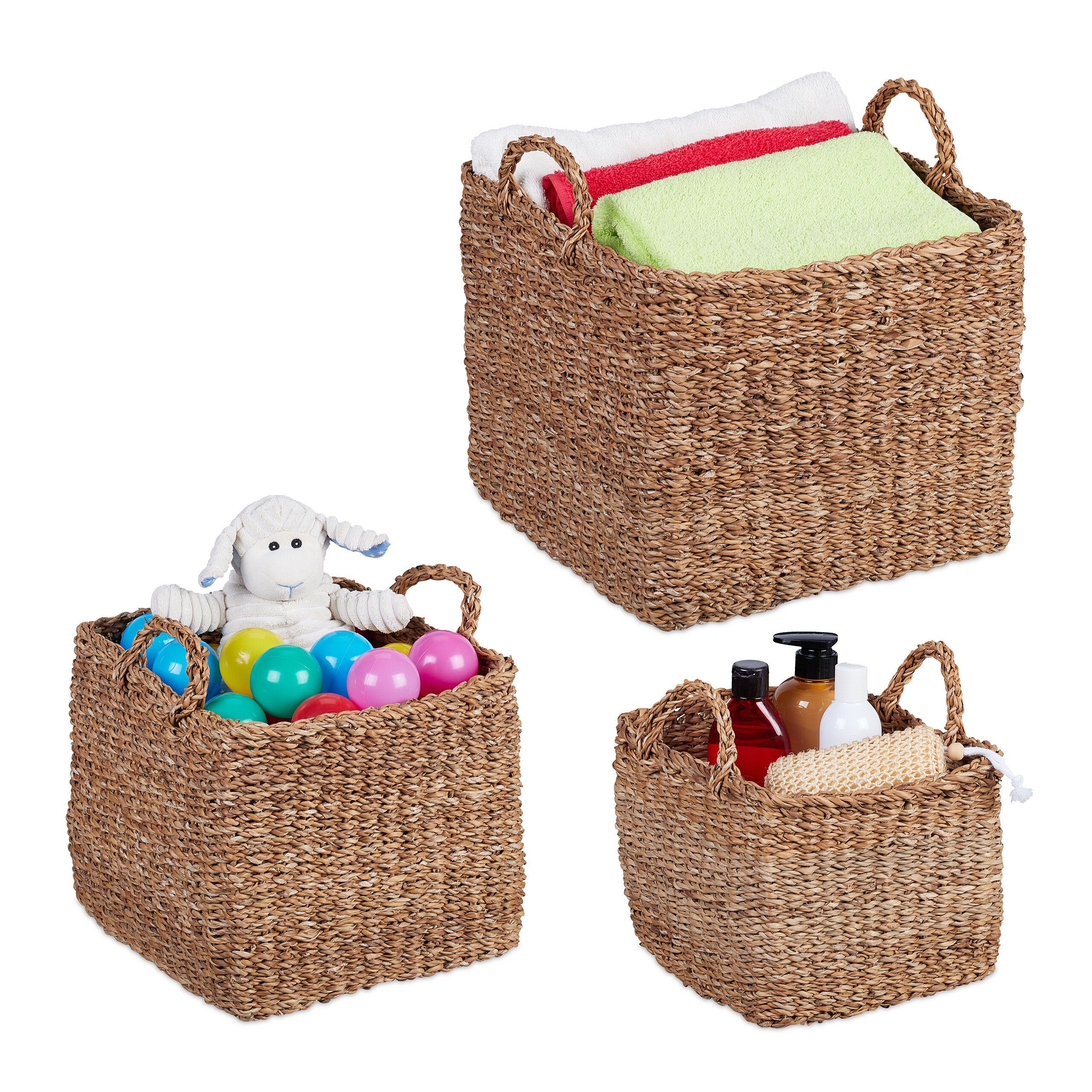relaxdays Aufbewahrungskorb 3-tlg. Aufbewahrungskorb Set aus Seegras