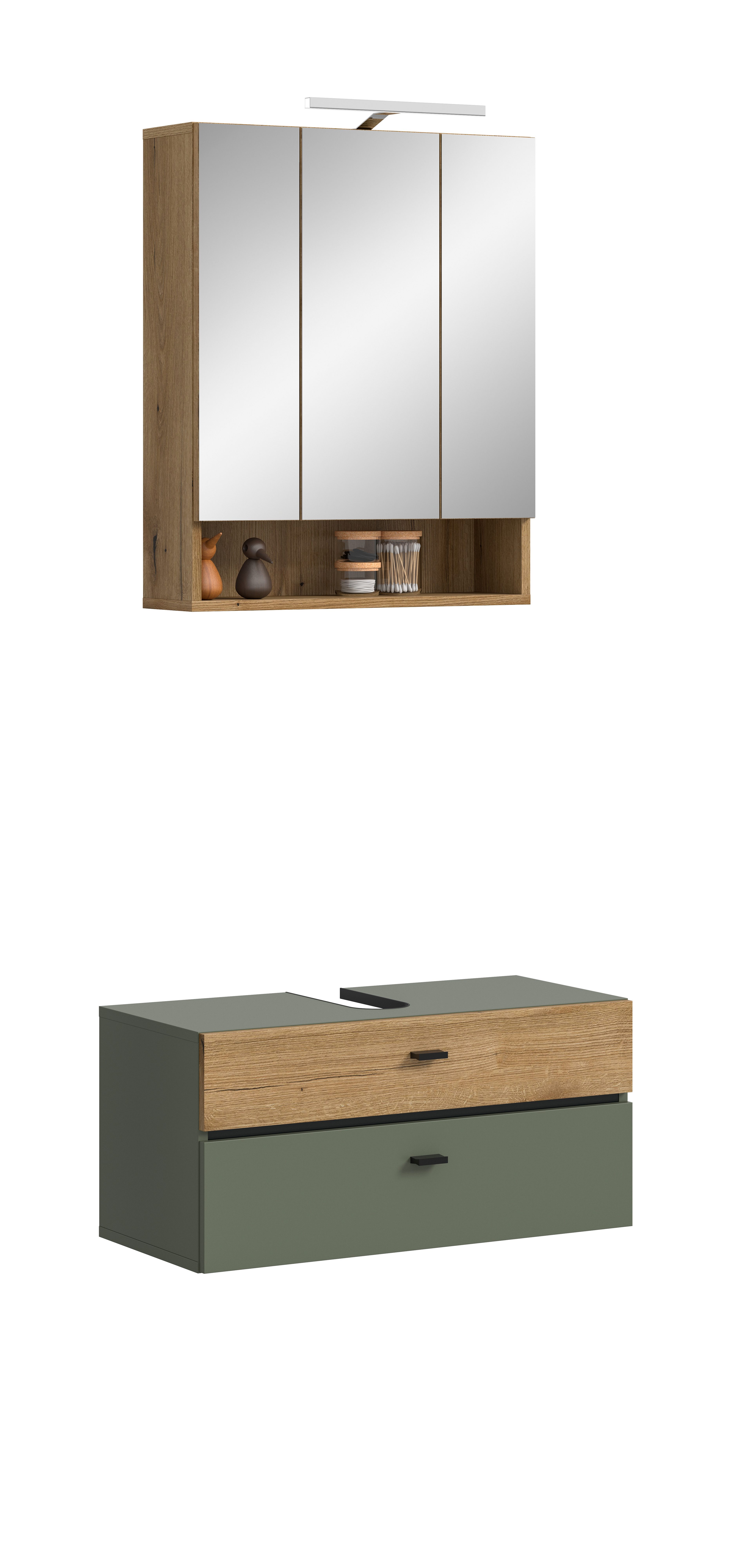 furnling Badmöbel-Set Aquia, (2-St., aus Spiegelschrank inkl. LED-Beleuchtung und Waschbeckenunterschrank), matte MDF Front, kratzfest, mit Siphon-Ausschnitt, Breite 75 cm