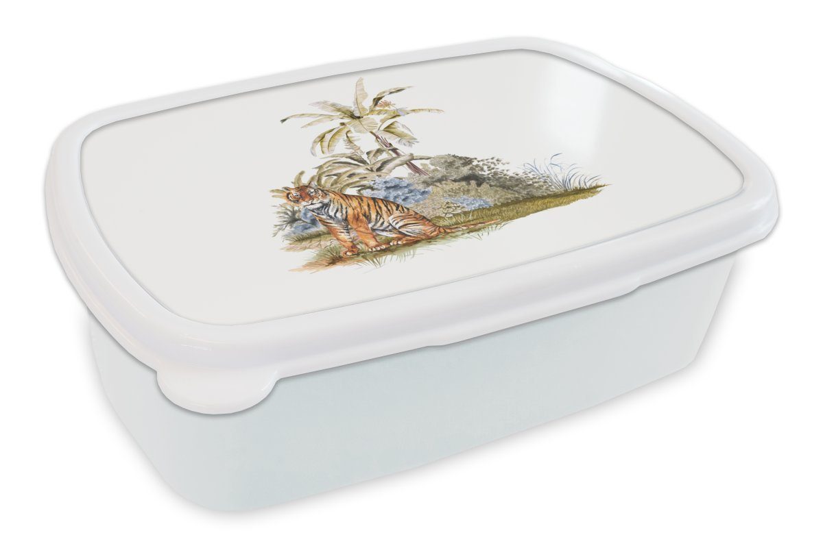 MuchoWow Lunchbox Tiger - Baum - Weiß, Kunststoff, (2-tlg), Brotbox für Kinder und Erwachsene, Brotdose, für Jungs und Mädchen