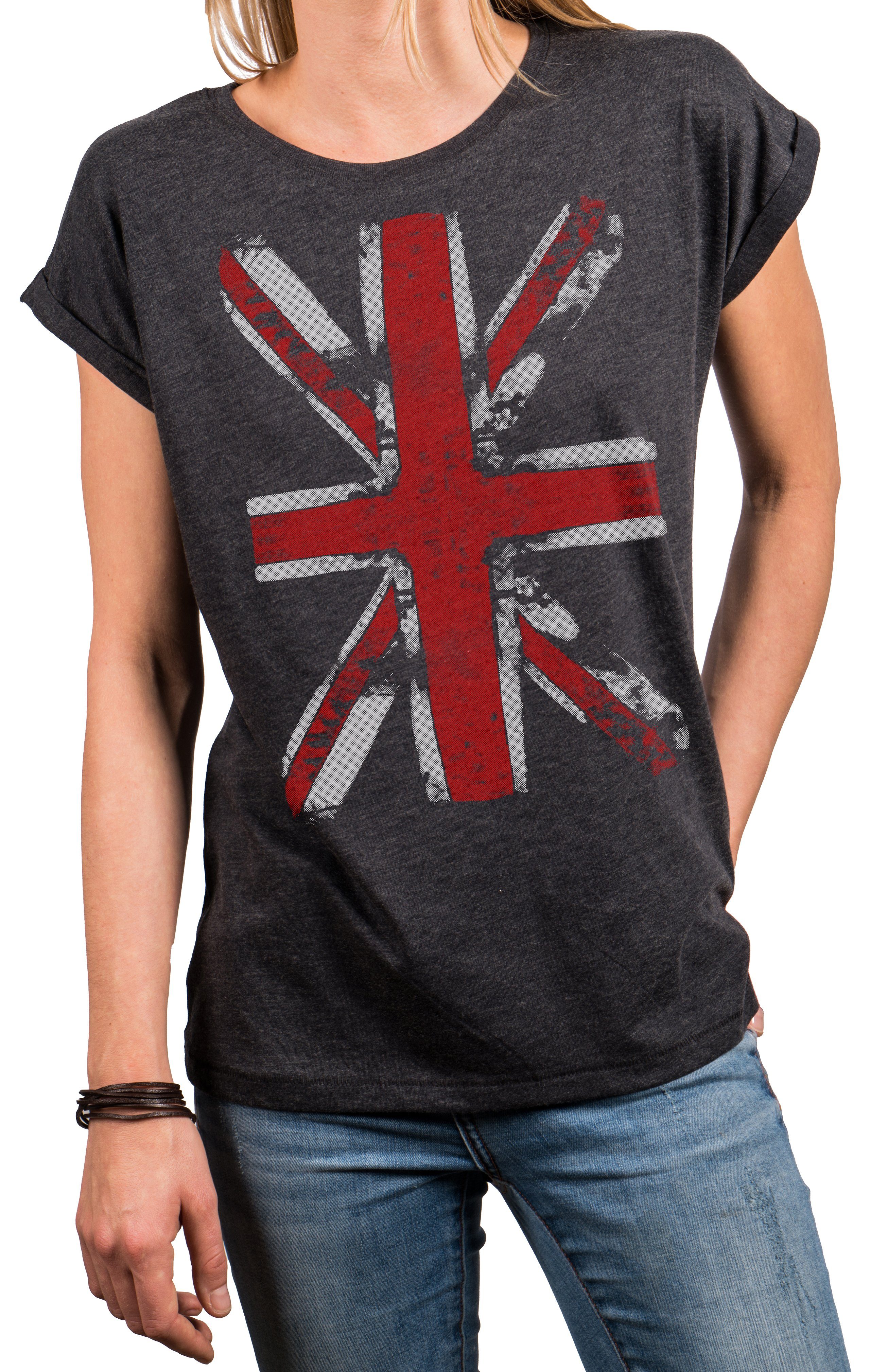 MAKAYA Print-Shirt Damen Top mit Union Jack Fahne - UK Flagge Großbritannien England (Vintage Aufdruck, schwarz, blau, grau) Baumwolle, große Größen