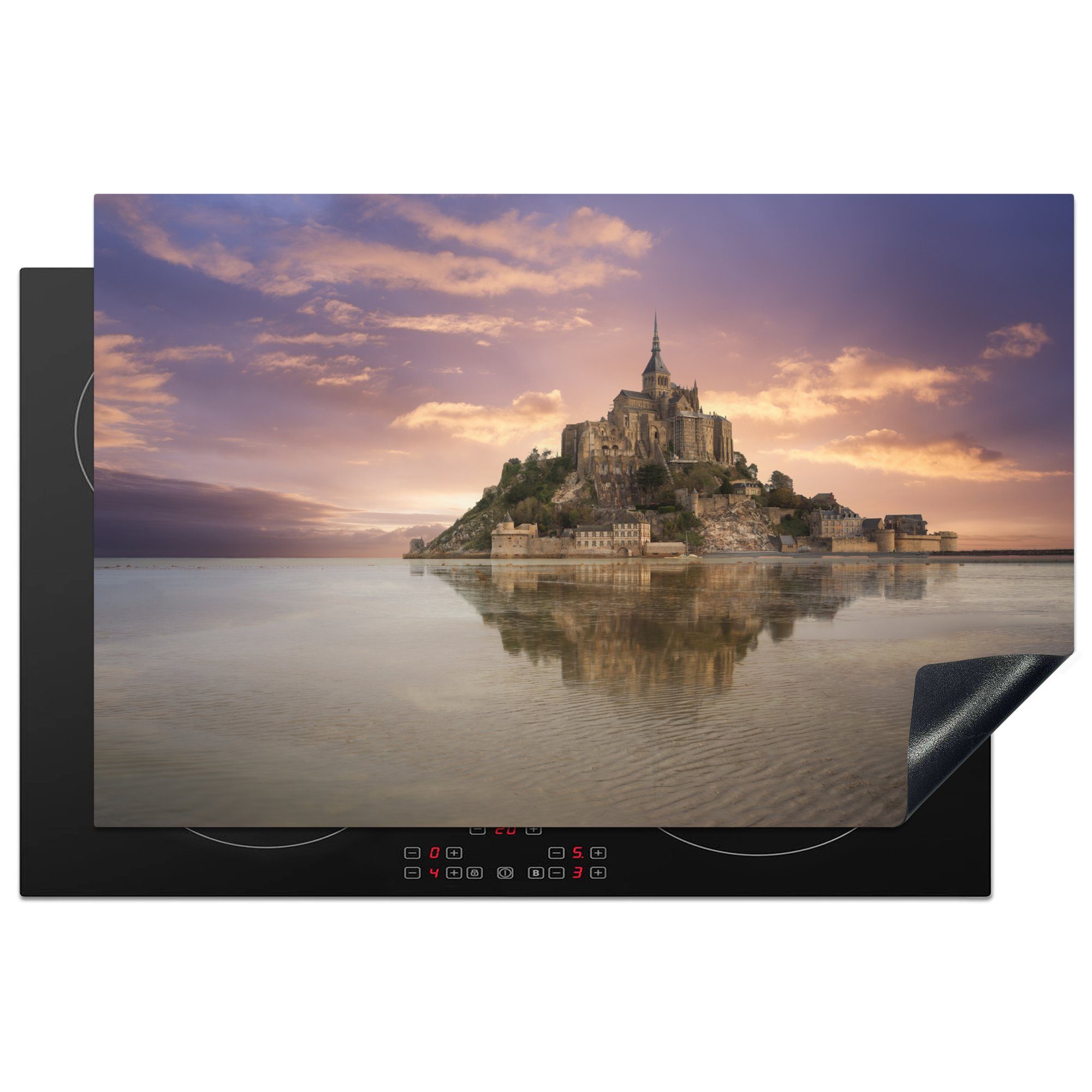MuchoWow Herdblende-/Abdeckplatte Le Mont-Saint-Michel spiegelt sich im Wasser, Vinyl, (1 tlg), 81x52 cm, Induktionskochfeld Schutz für die küche, Ceranfeldabdeckung